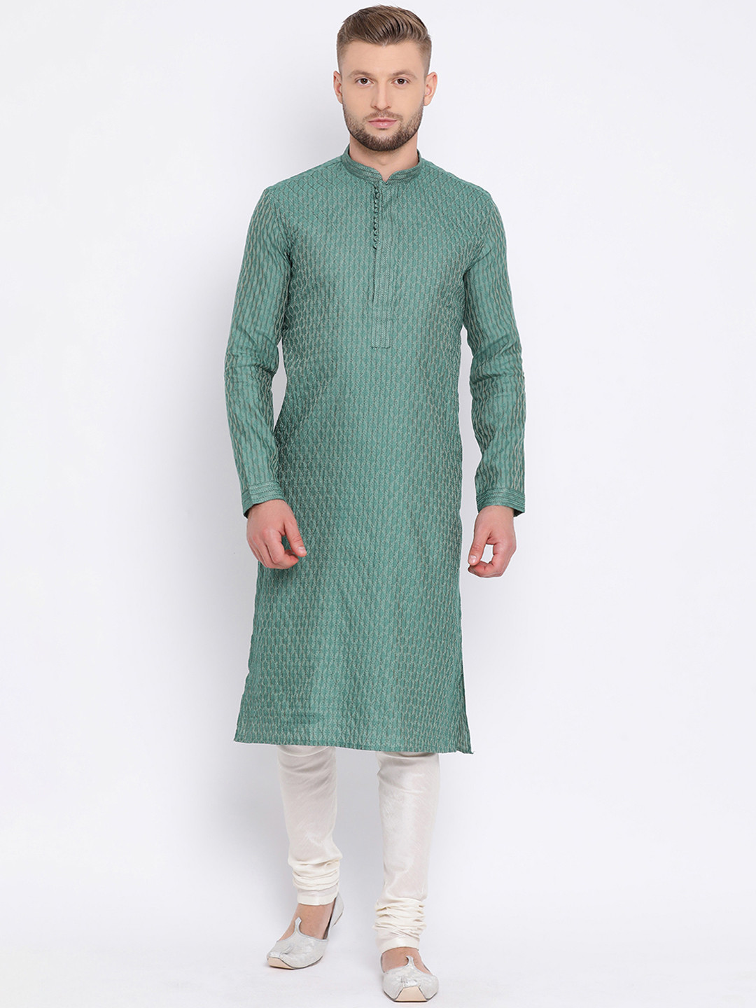 Sanwara Men Green Woven Design Jacquard Straight Kurta