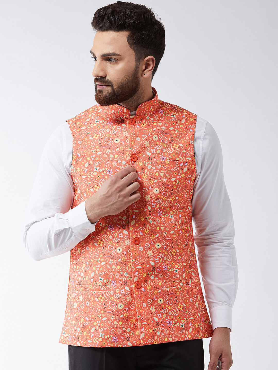 SOJANYA Men Peach-Coloured & Yellow Printed Nehru Jacket