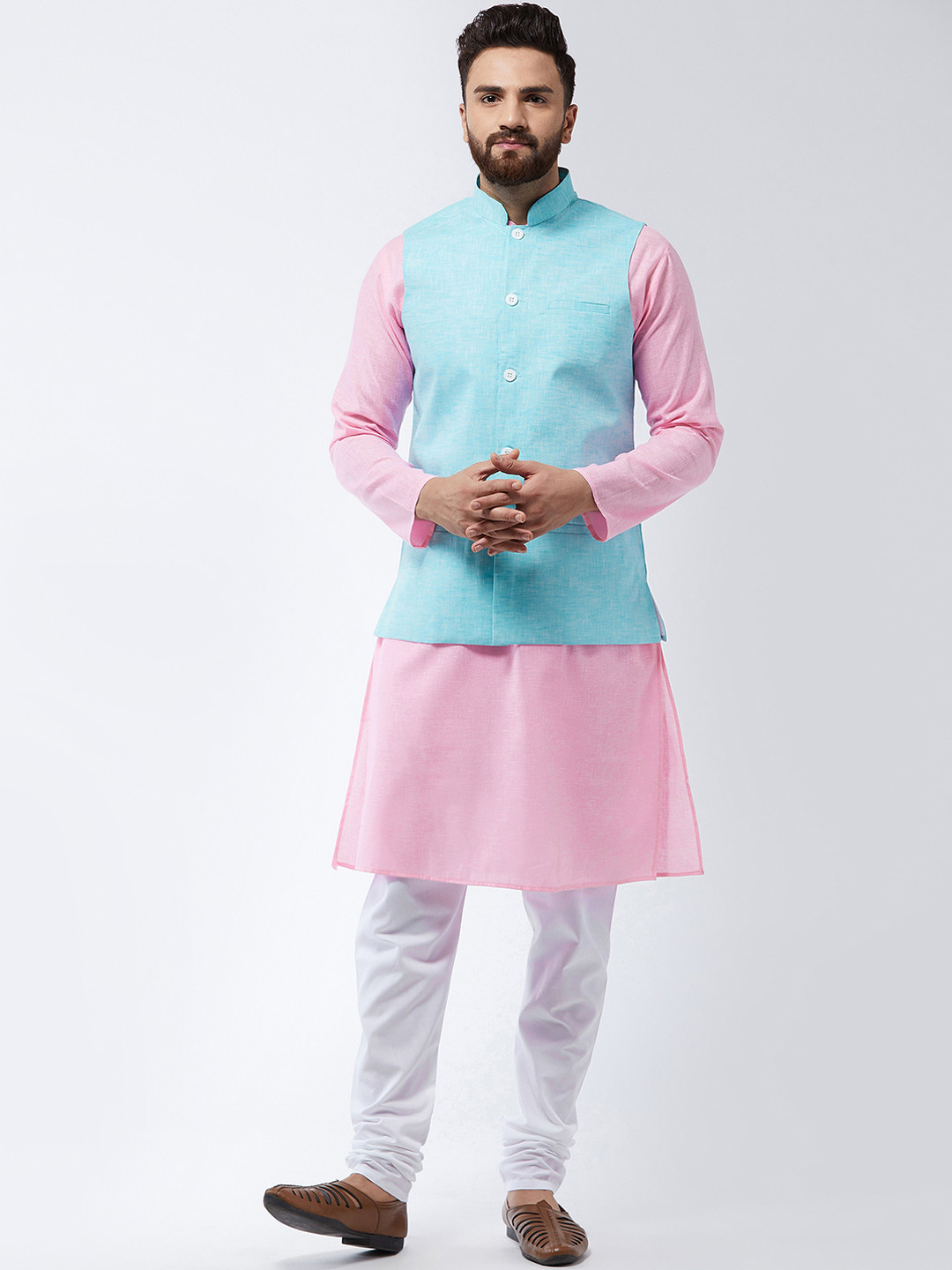 SOJANYA Men Pink & Turquoise Blue Kurta And Churidar With Nehru Jacket