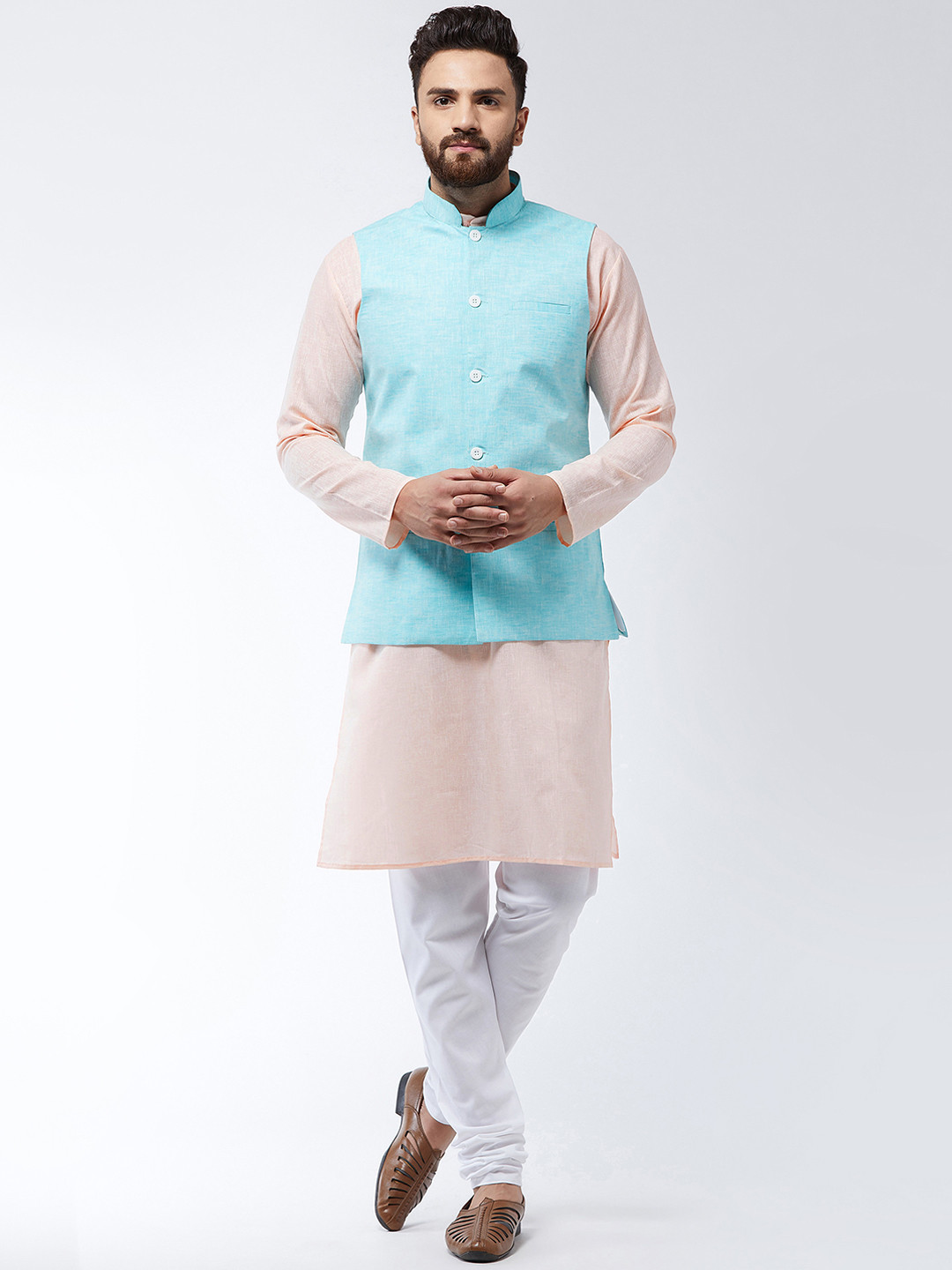 SOJANYA Men Peach-Coloured & White Solid Kurta And Churidar With Nehru Jacket