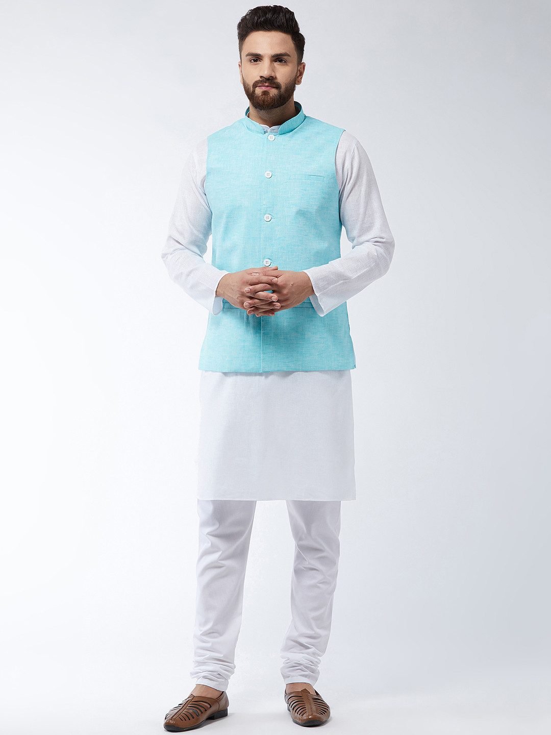 SOJANYA Men White & Turquoise Blue Solid Kurta And Churidar With Jacket