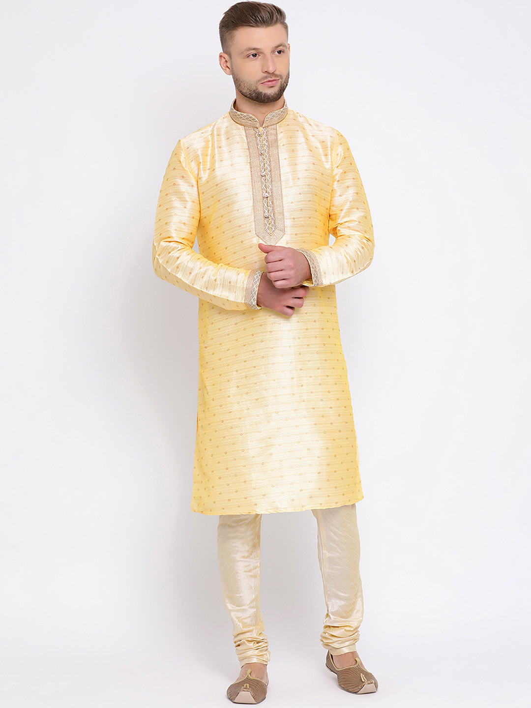 Here&Now X Sanwara  Men Yellow Woven Design Straight Kurta