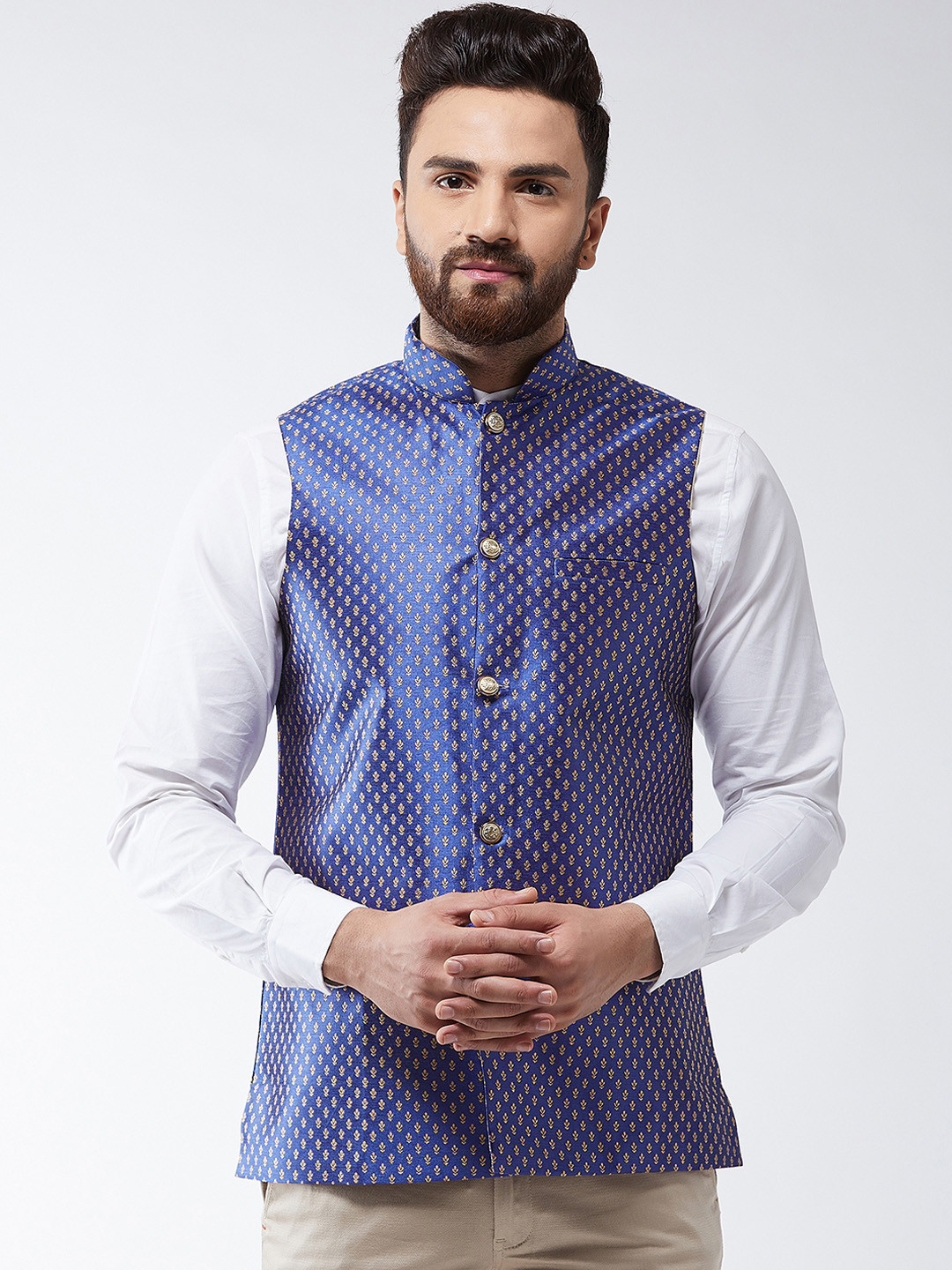 SOJANYA Blue & Gold Printed Nehru Jacket
