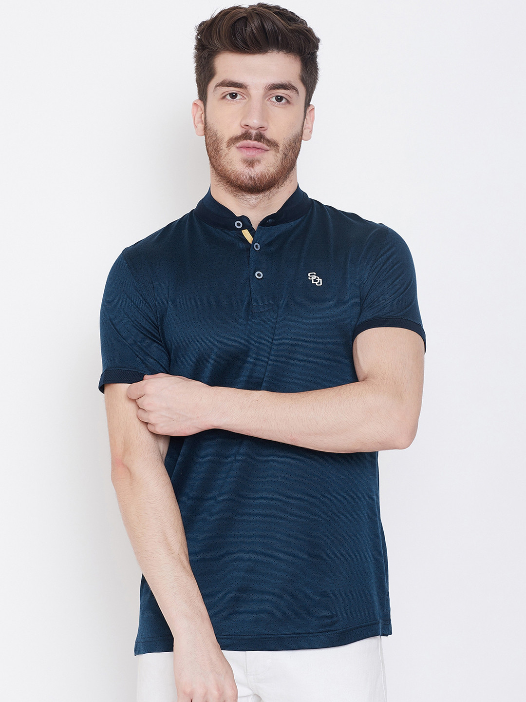 Duke Men Navy Blue Self Design Mandarin Collar T-shirt