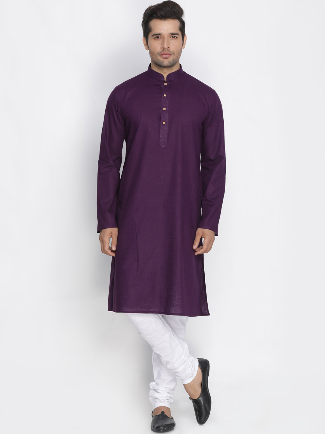 VASTRAMAY Men Purple & White Solid Kurta with Churidar