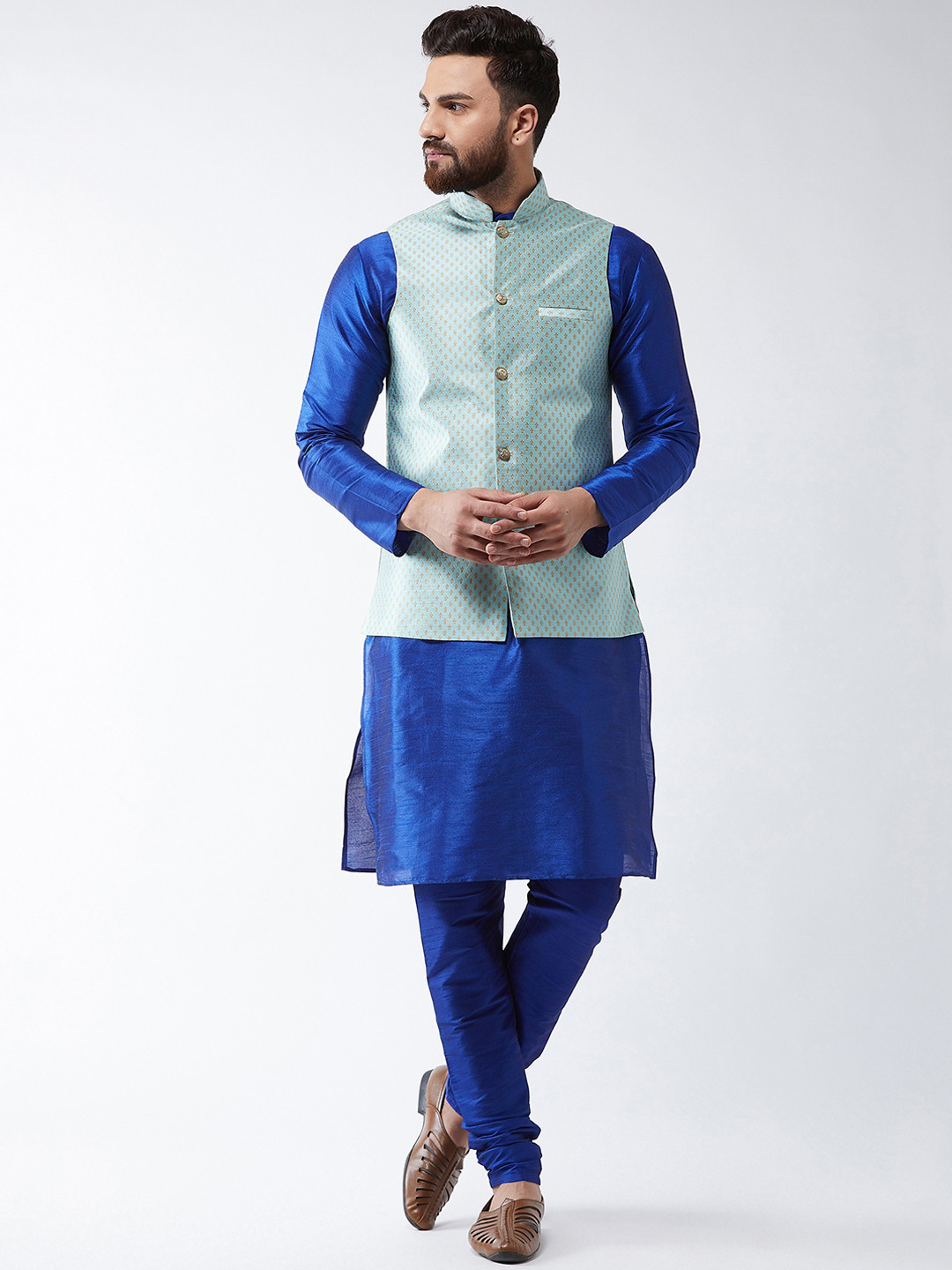 SOJANYA Men Sea Green & Blue Solid Kurta Set & Nehru Jacket