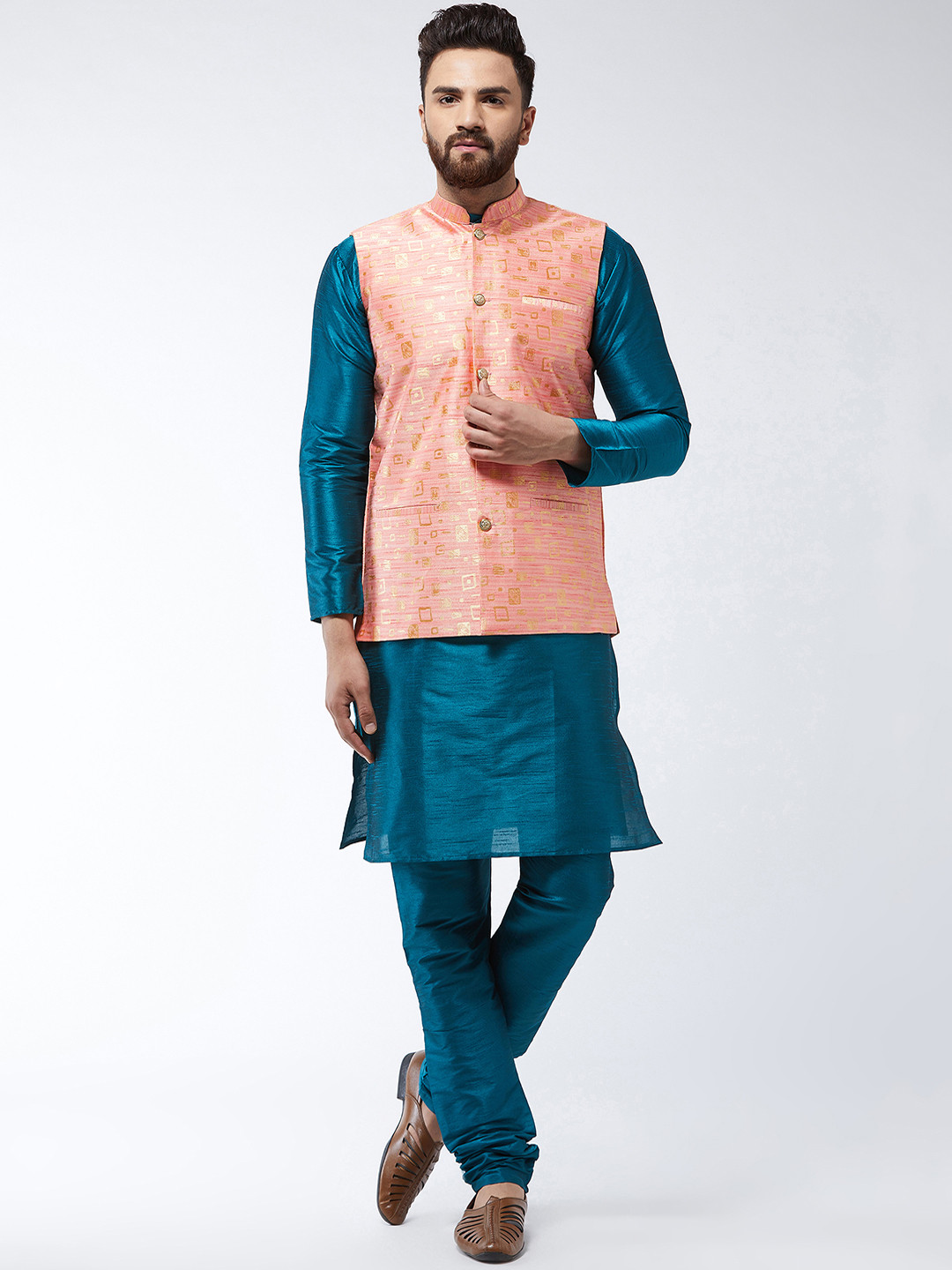 SOJANYA Men Teal Green & Peach-Coloured Solid Kurta with Churidar & Nehru Jacket