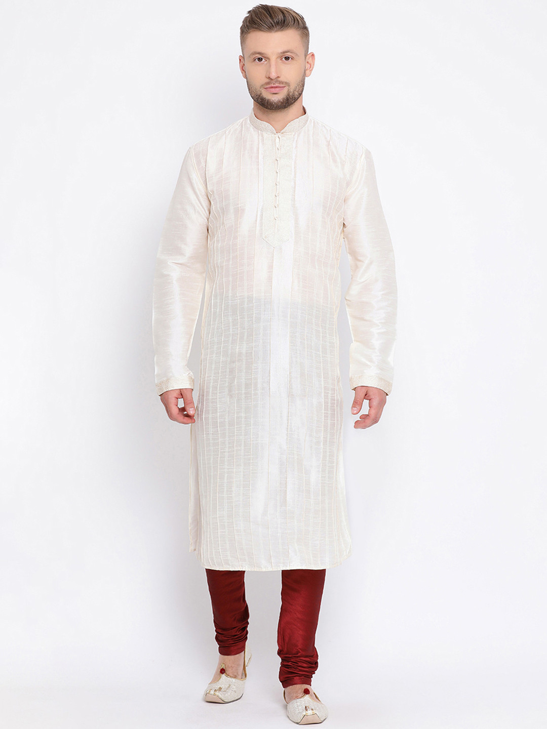 Here&Now X Sanwara  Men Cream-Coloured Solid Straight Kurta
