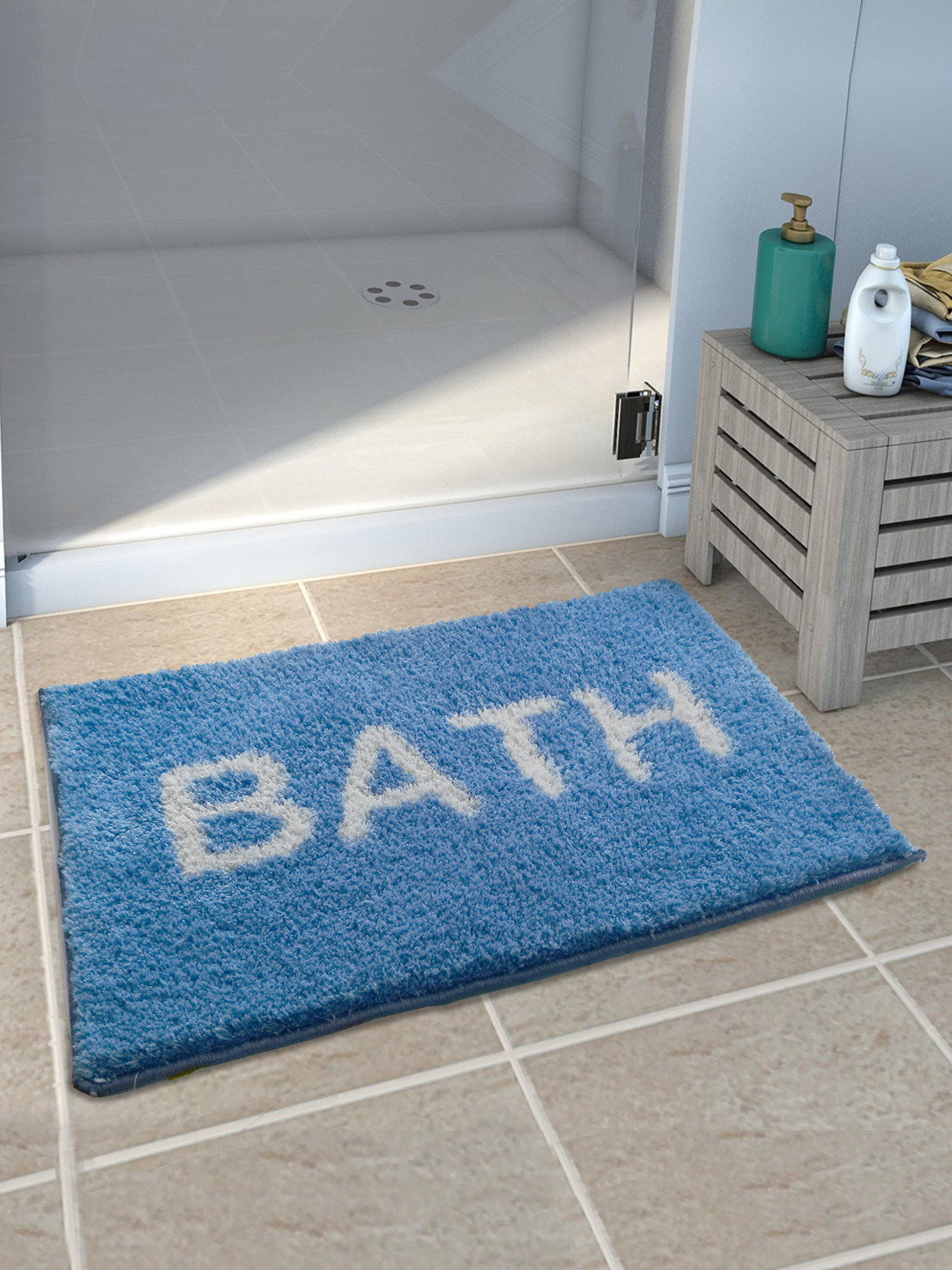 Athom Trendz Blue & White Printed Anti-Skid Bath Rug