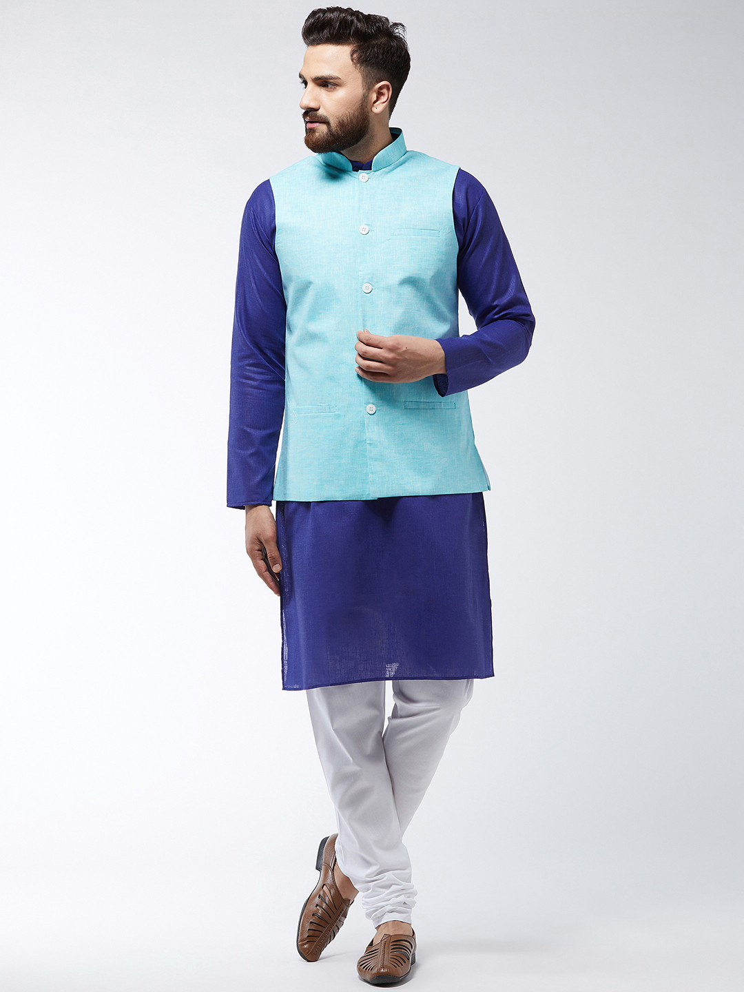 SOJANYA Men Blue & White Solid Kurta And Churidar With Jacket