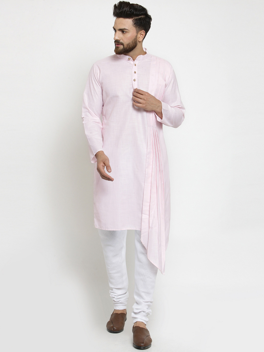 TREEMODA Men Pink Solid Linen Straight Kurta