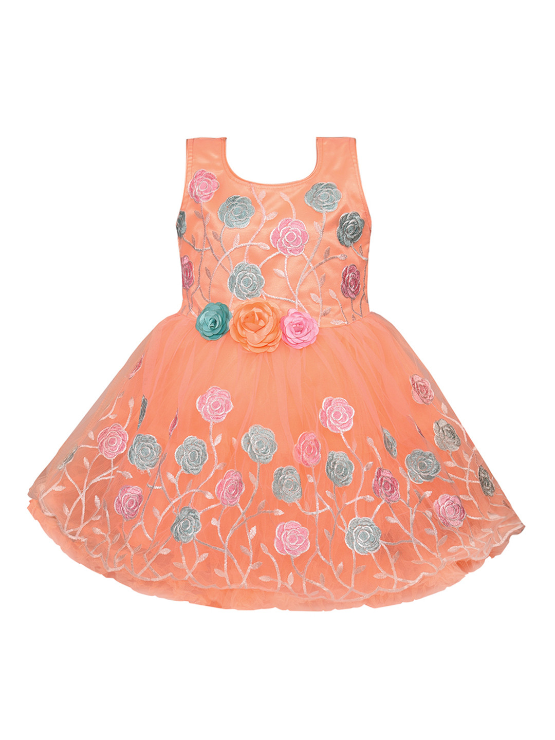 Wish Karo Girls Peach-Coloured Printed Fit and Flare Dress