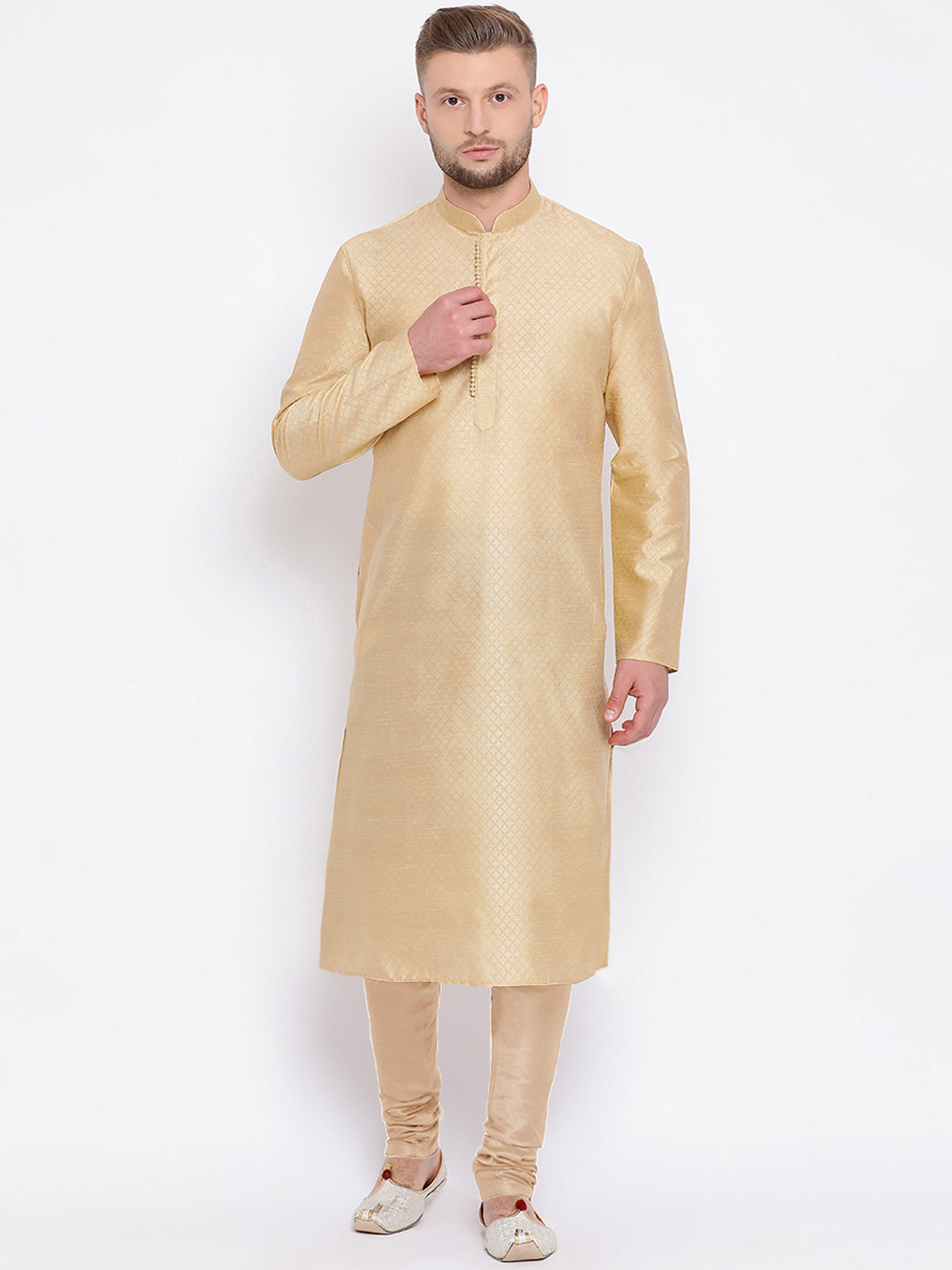 Sanwara Men Beige Woven Design Straight Kurta