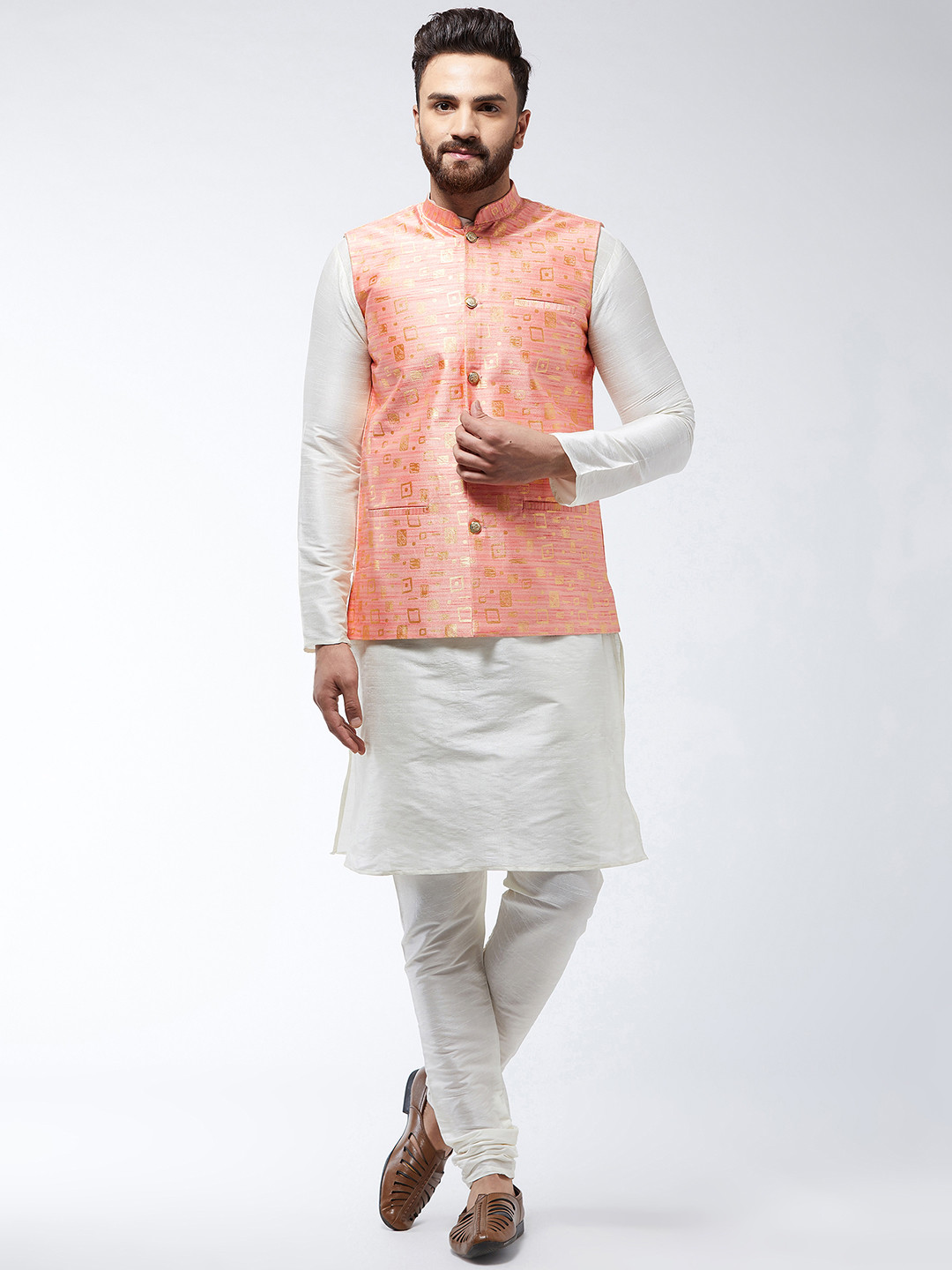 SOJANYA Men Off-White & Peach-Coloured Solid Kurta with Churidar & Nehru Jacket