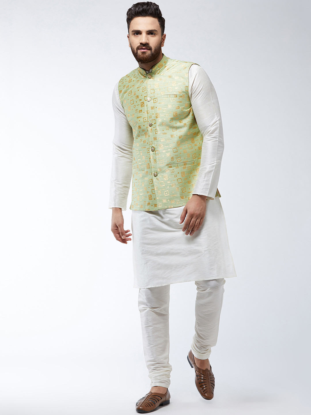 SOJANYA Men Off-White & Green Printed Kurta with Churidar & Nehru Jacket