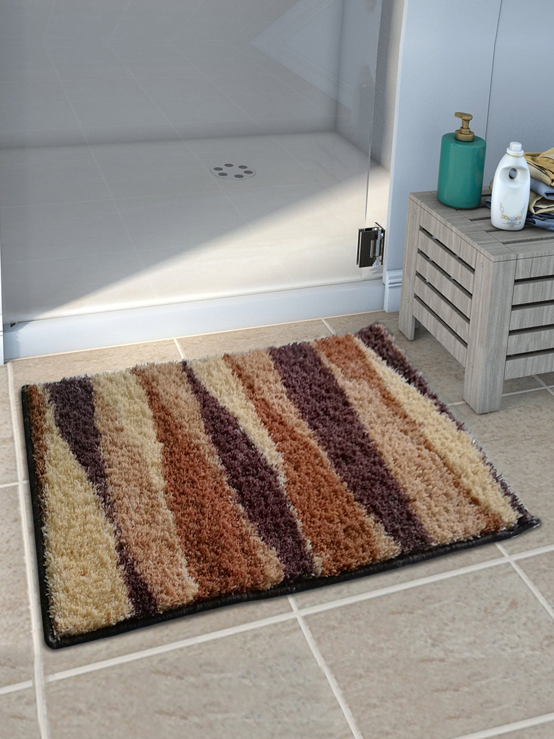 Athom Trendz Beige & Brown Printed Anti-Skid Bath Rug