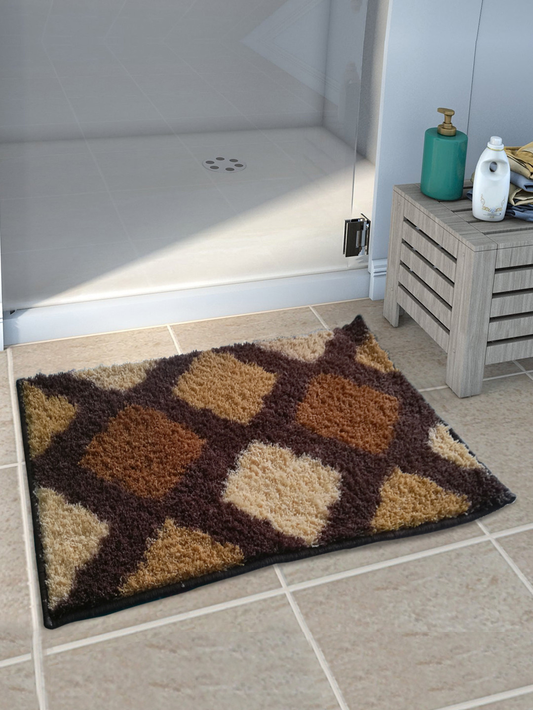 Athom Trendz Brown & Beige Printed Anti-Skid Bath Rug