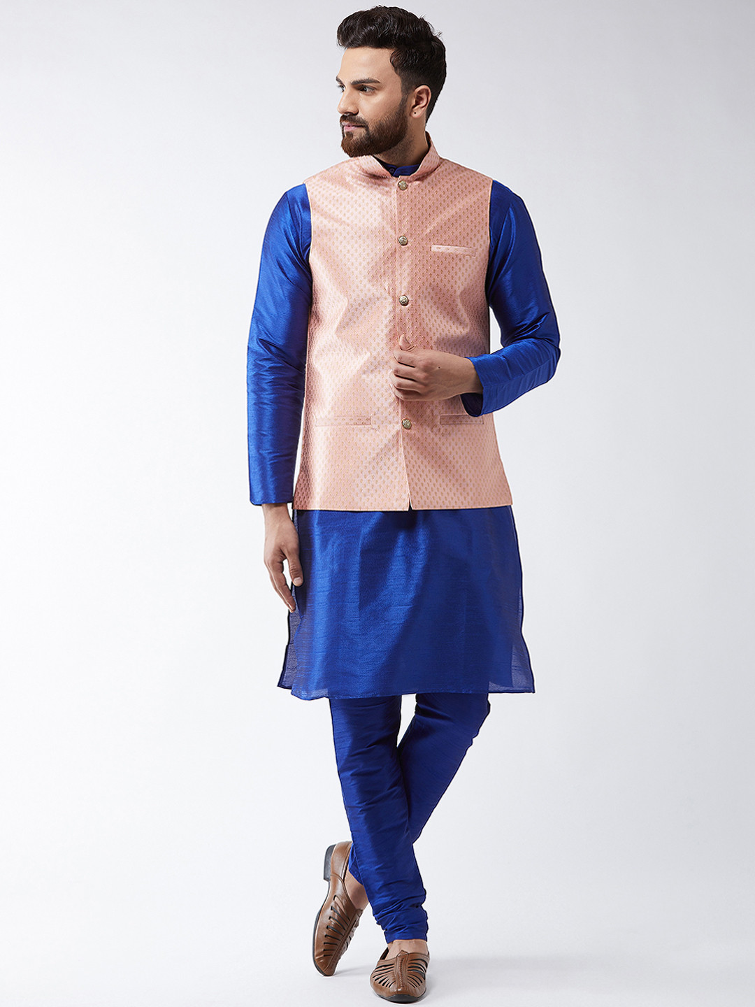 SOJANYA Men Blue & Peach-Coloured Solid Kurta with Churidar & Nehru Jacket