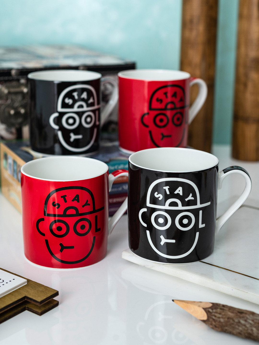 GOODHOMES White Typography Bone China Handmade 4 Piece Mugs-350ml