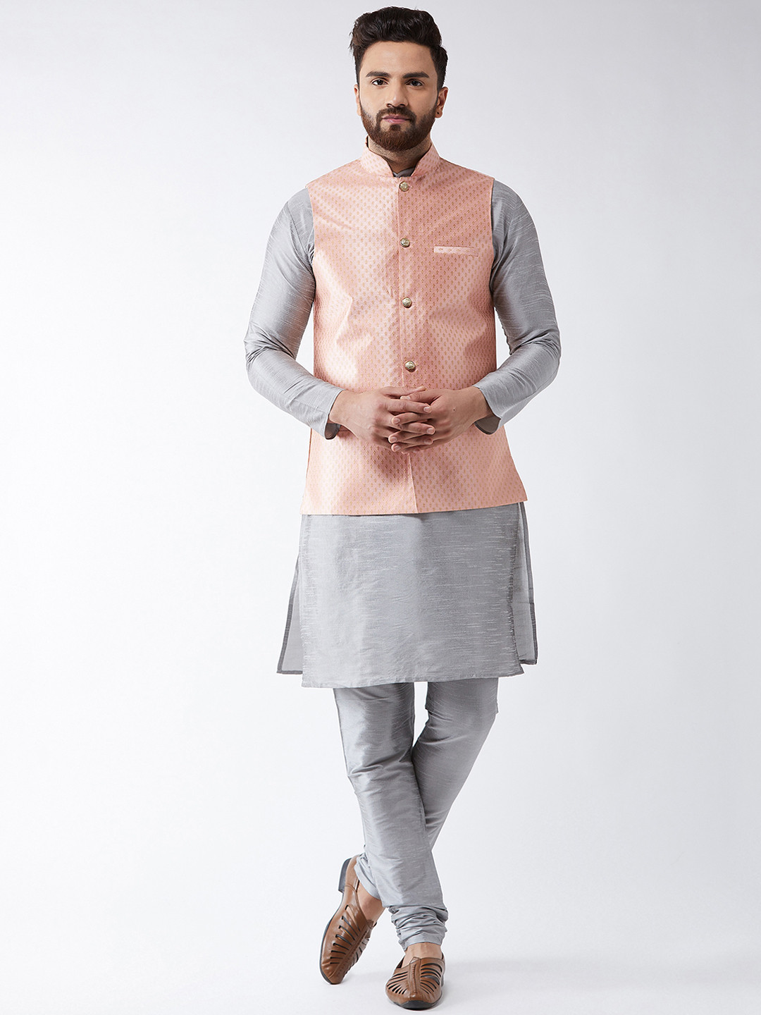 SOJANYA Men Grey & Peach-Coloured Self Design Kurta with Churidar & Nehru Jacket