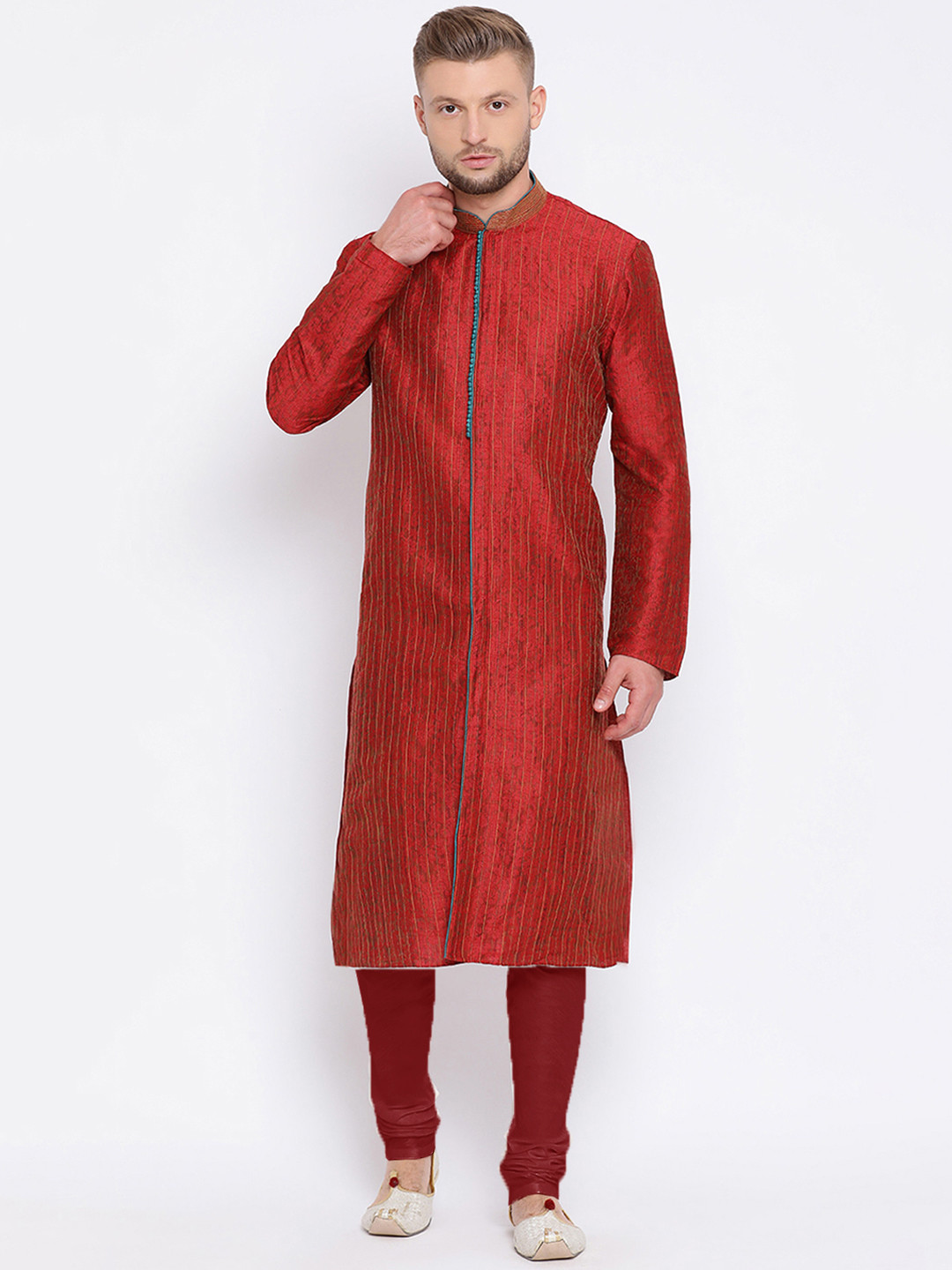 Here&Now X Sanwara  Men Maroon Self Design Kurta with Churidar