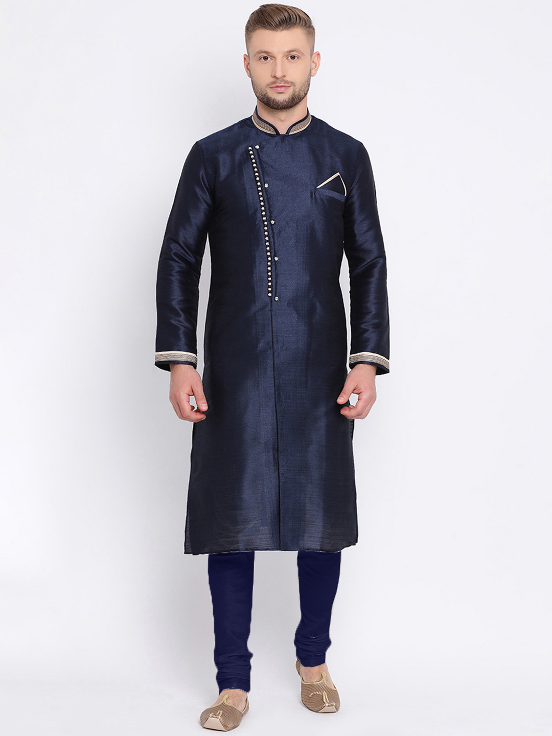 Here&Now X Sanwara  Men Navy Blue Solid Straight Kurta