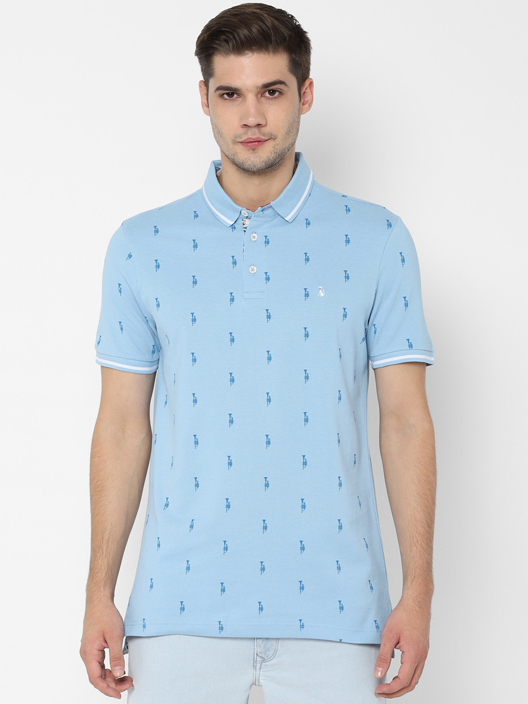 SIMON CARTER LONDON Men Blue Printed Slim Fit Polo Collar Pure Cotton T-shirt