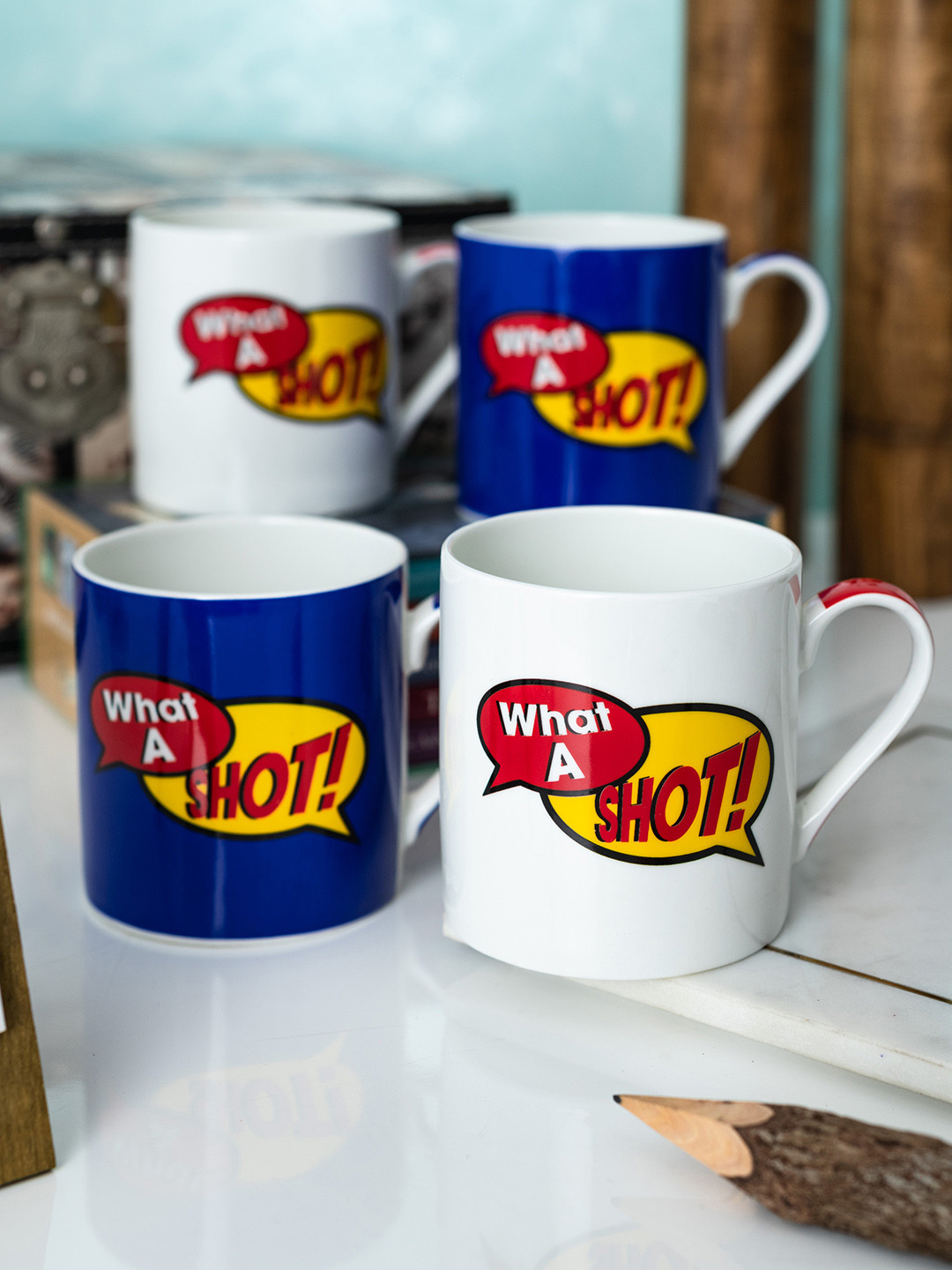 GOODHOMES Hello! Black Expression White Typography Bone China Handmade 4 Piece Mugs-350ml