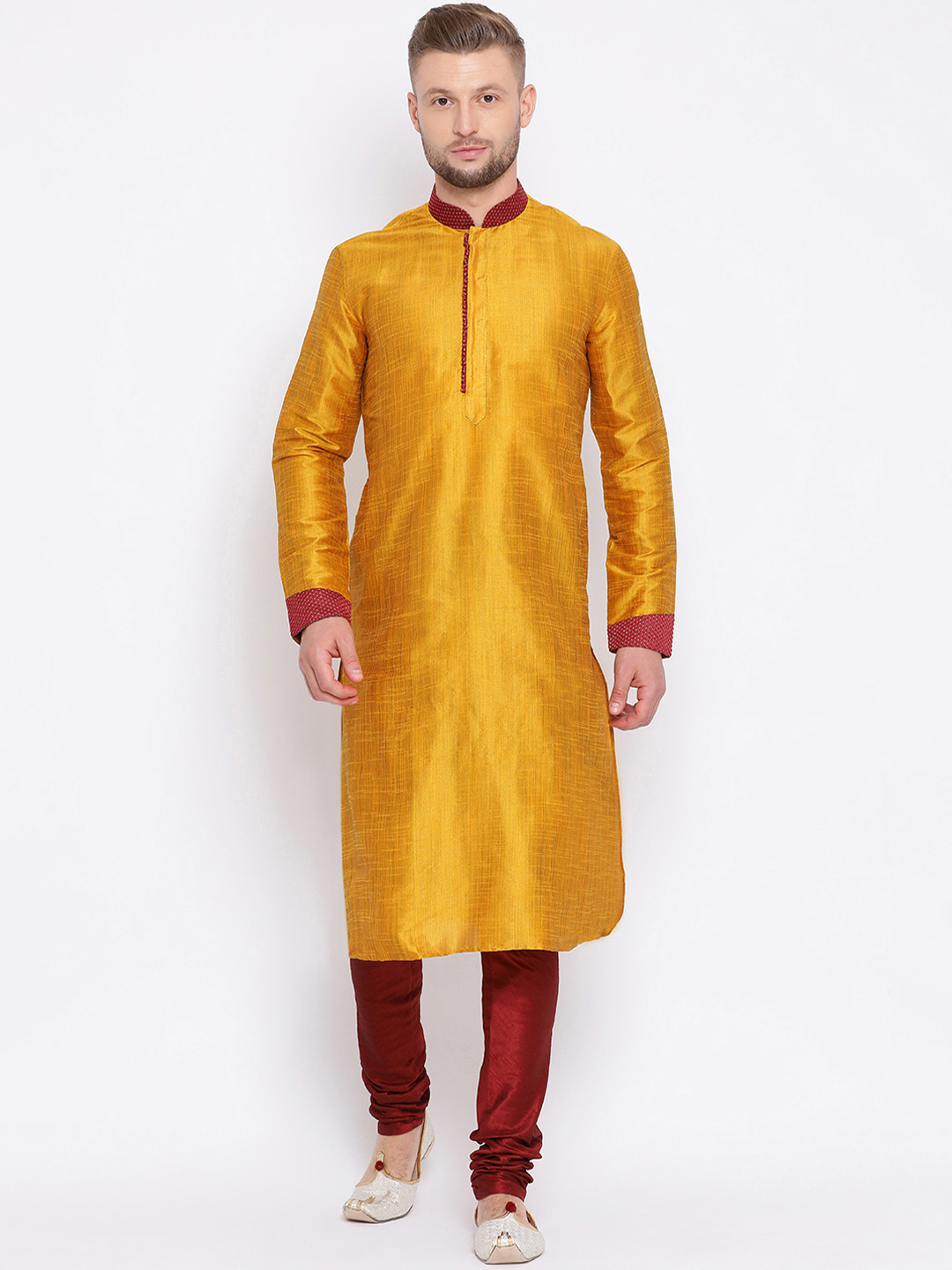 Sanwara Men Mustard Yellow Solid Straight Kurta