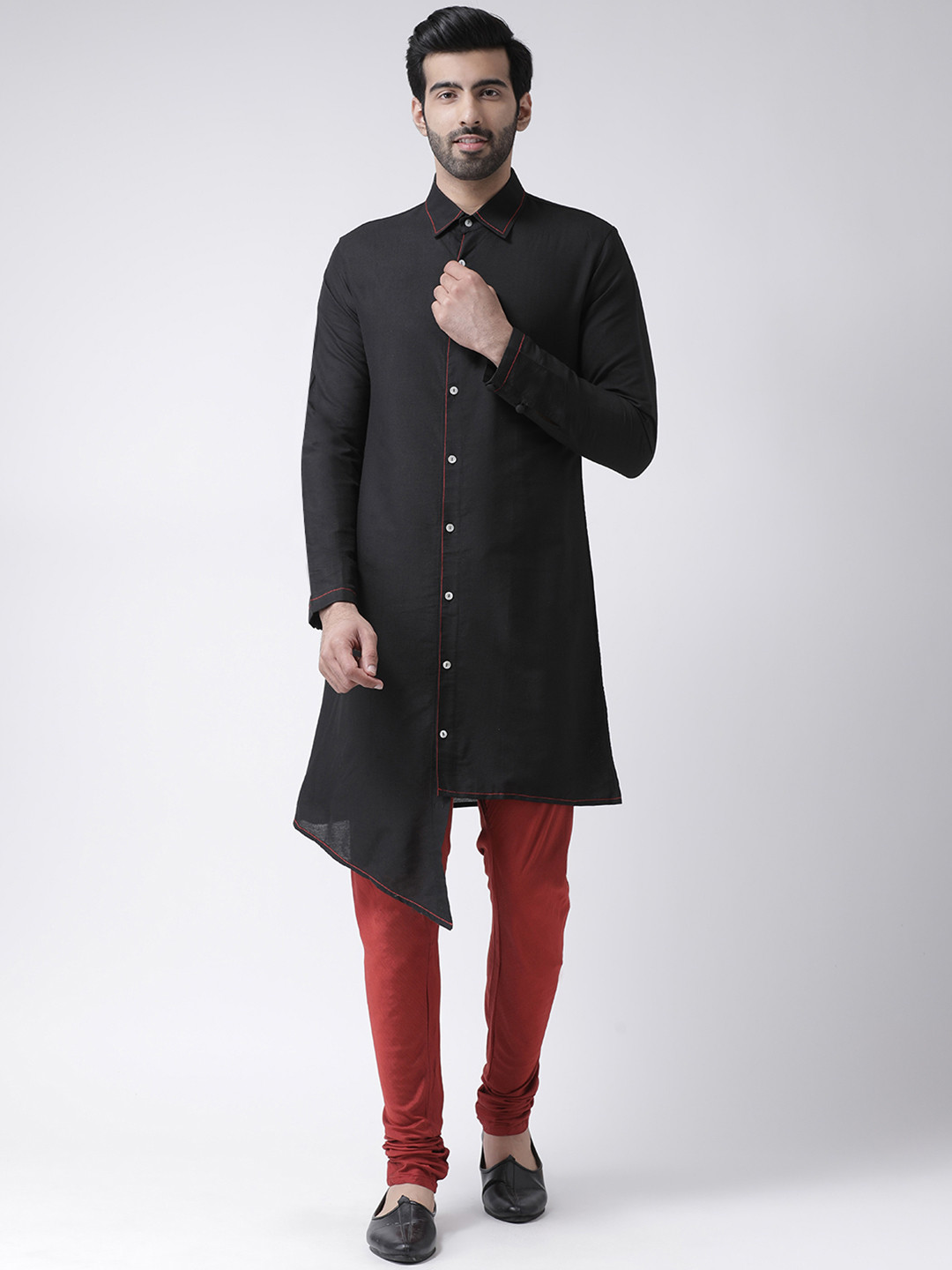 KISAH Men Black & Maroon Solid Kurta with Churidar