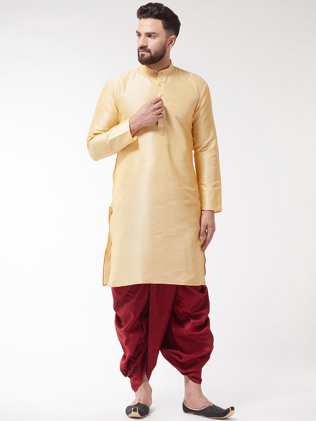 SOJANYA Men Golden-Coloured & Maroon Solid Kurta with Dhoti Pants