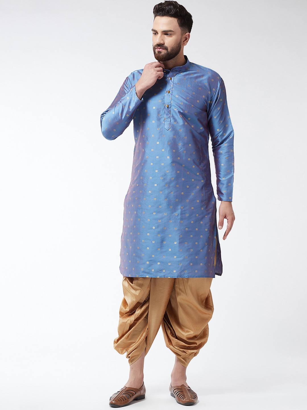 SOJANYA Men Blue & Golden-Coloured Self Design Kurta with Dhoti Pants