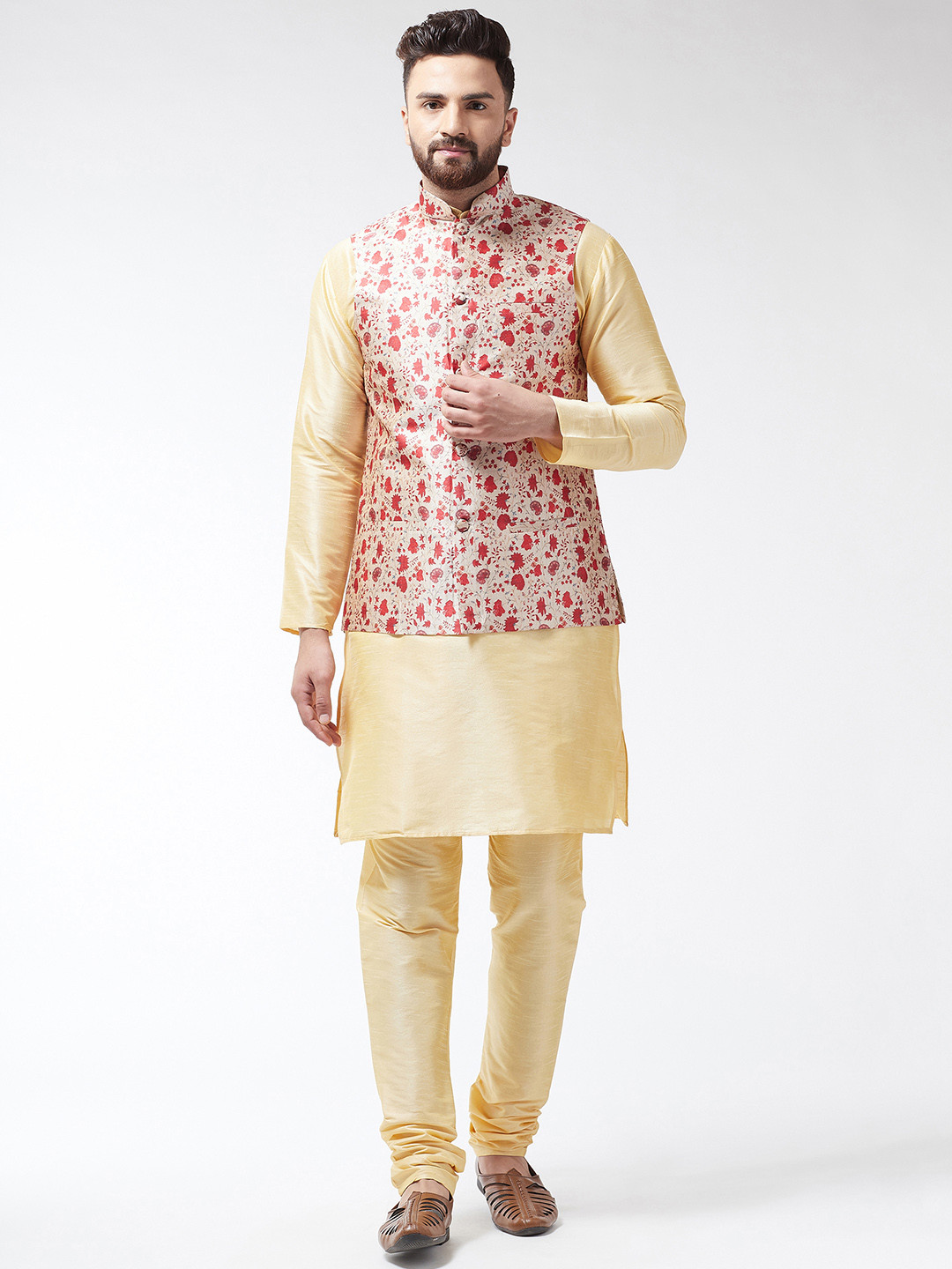 SOJANYA Men Golden-Coloured & Red Solid Kurta with Churidar & Nehru Jacket