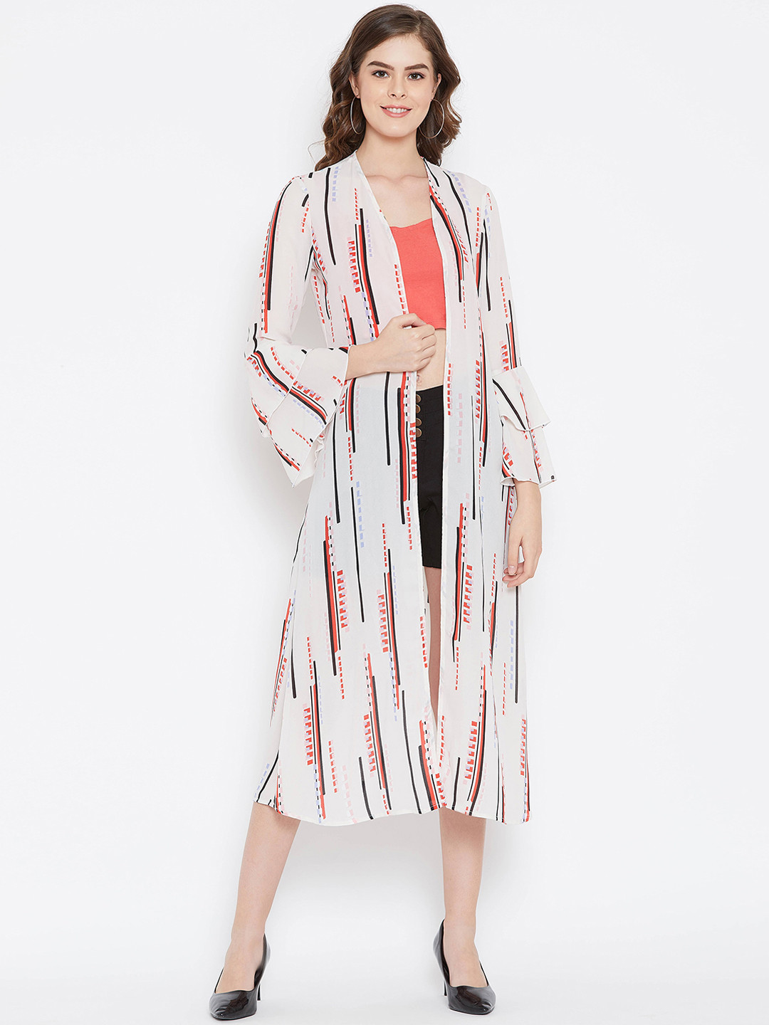 Zastraa Women Cream-Coloured Printed Georgette Open Front Shrug