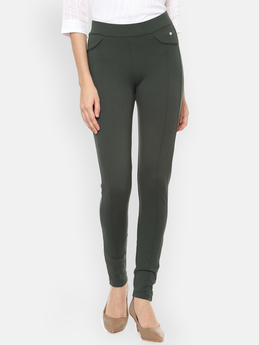 Allen Solly Woman Olive Green Regular Fit Solid Regular Trousers