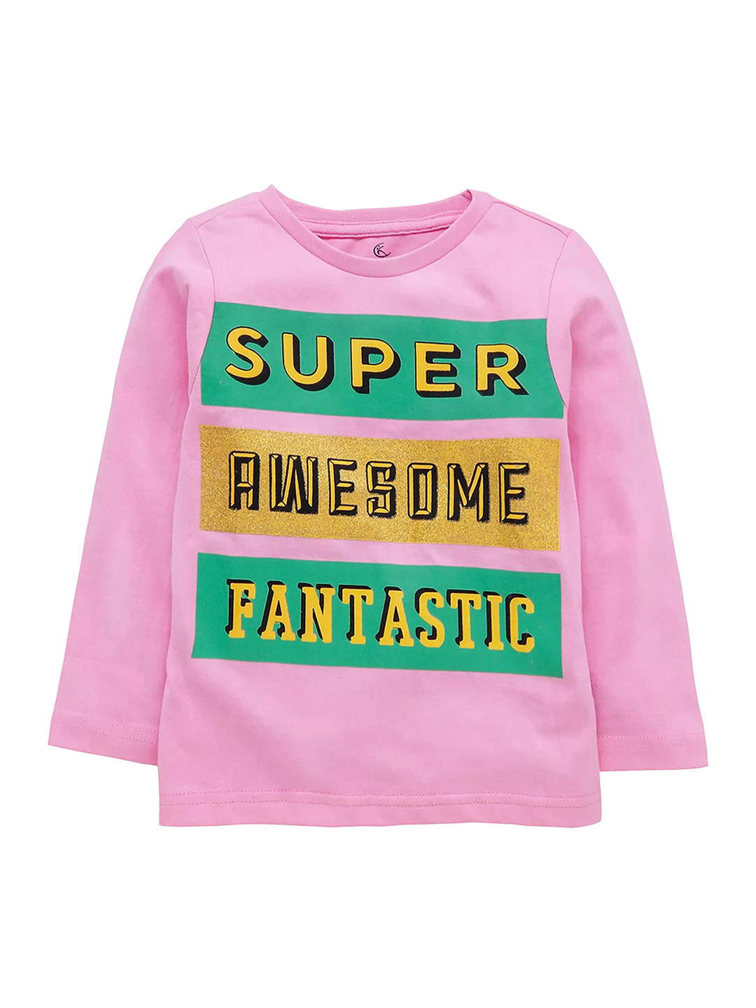 KiddoPanti Girls Pink Printed Round Neck Pure Cotton T-shirt