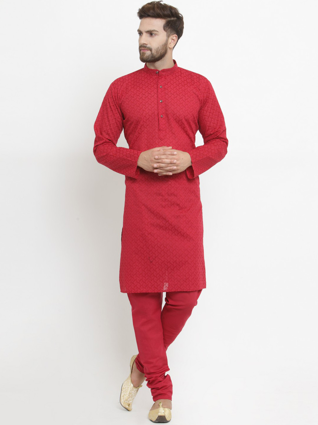 Jompers Men Maroon Embroidered Kurta with Pyjamas