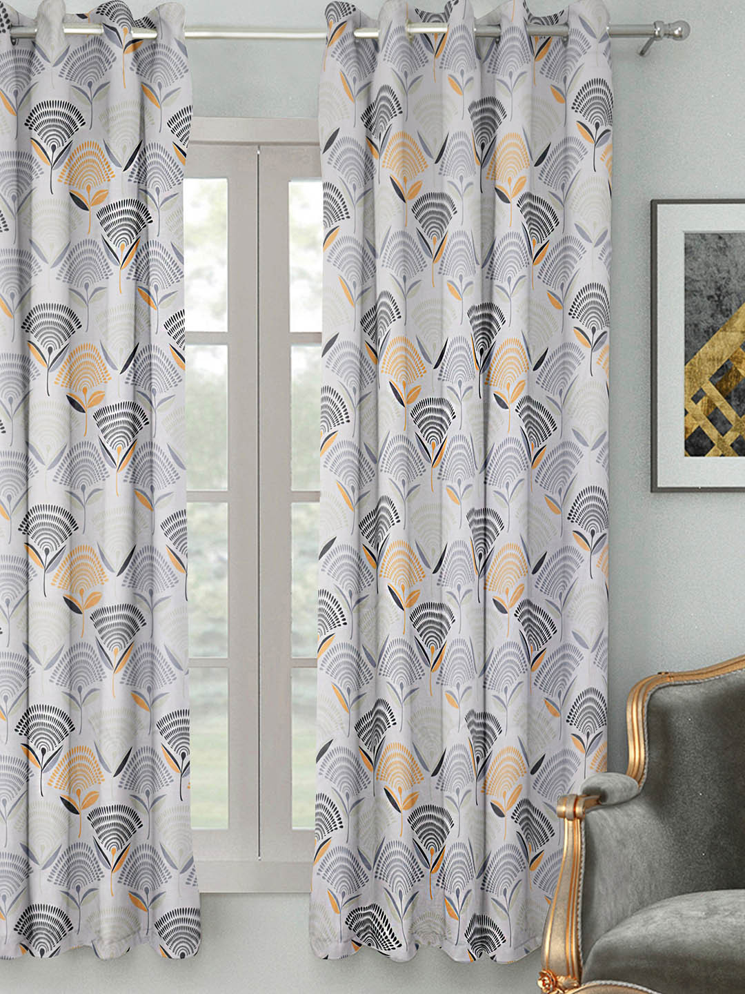 HOUZZCODE Off-White & Grey Single Room Darkening Window Curtain