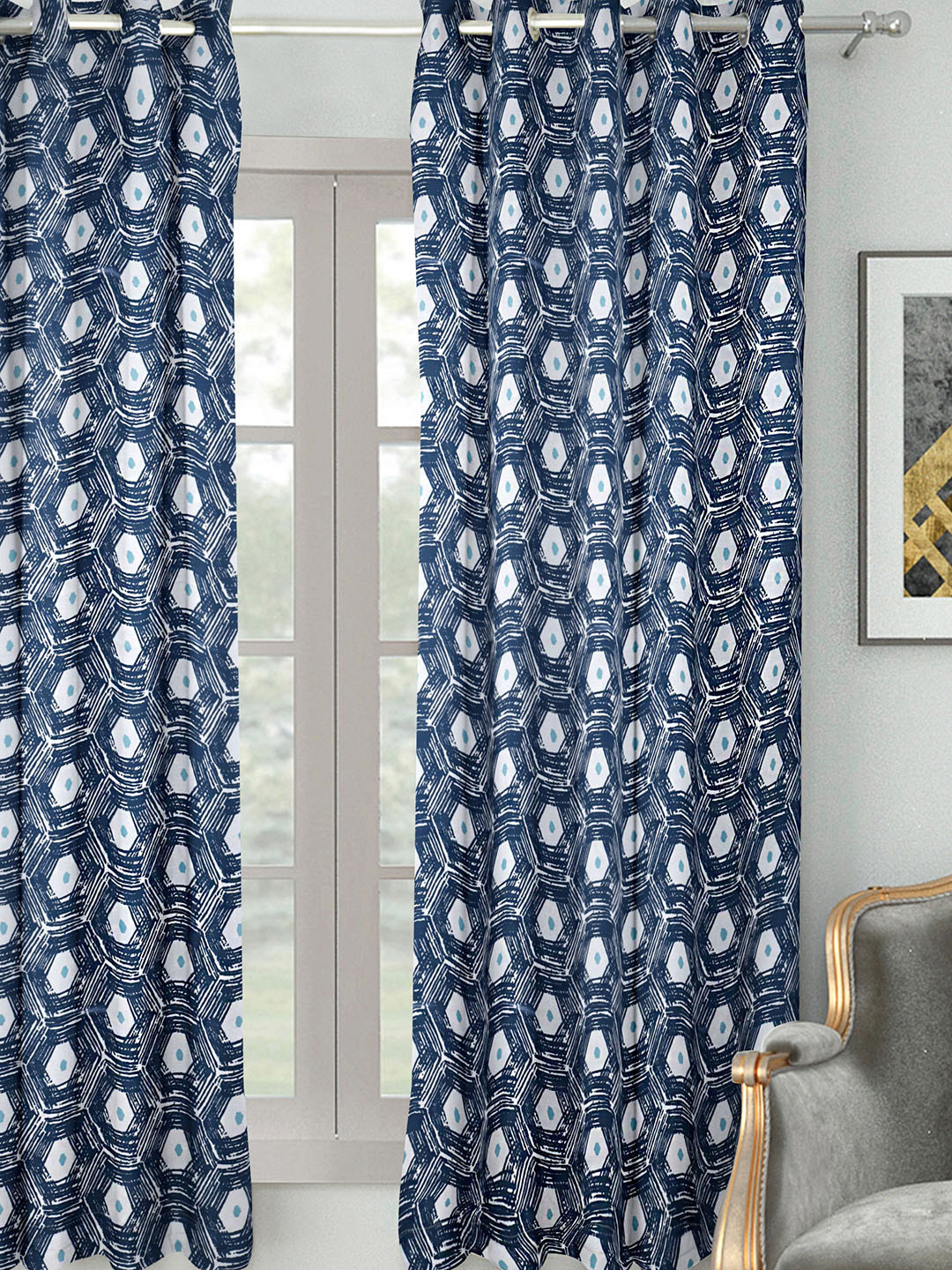 HOUZZCODE Navy Blue & White Single Room Darkening Curtain Curtain