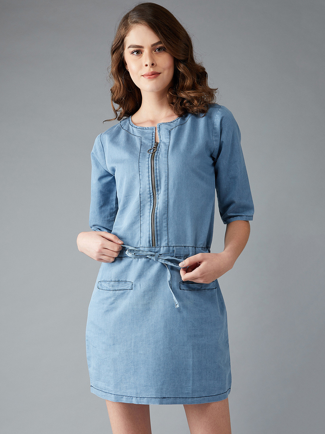 DOLCE CRUDO Women Lightweight Blue Mini Sheath Denim Dress