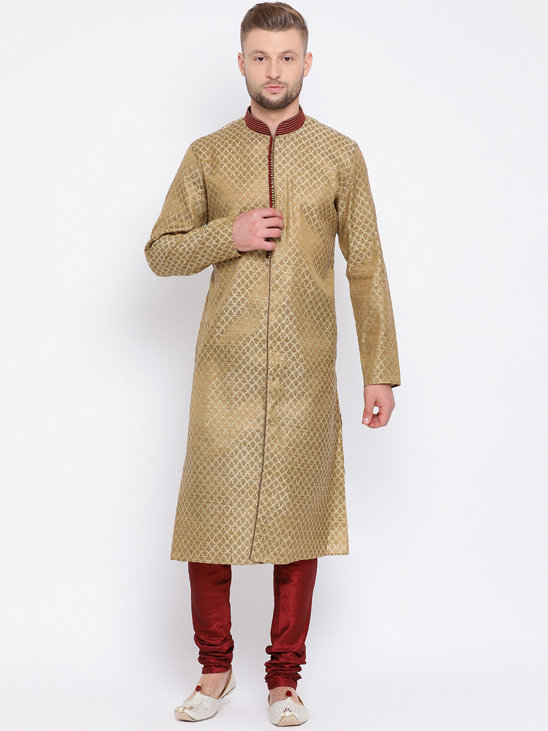 Here&Now X Sanwara  Men Golden Woven Design Straight Kurta