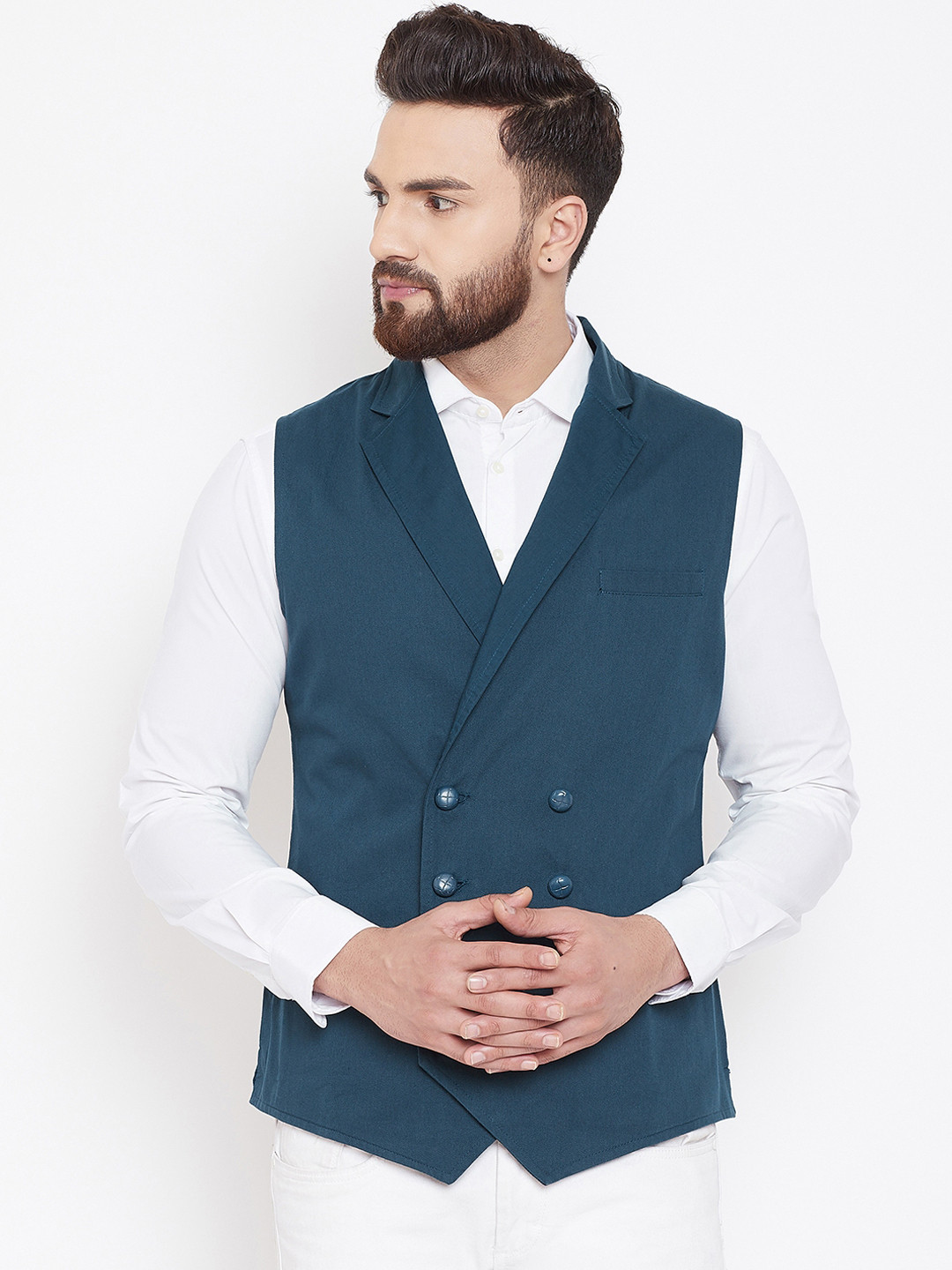 Hypernation Men Teal Blue Solid Double-Breasted Pure Cotton Waistcoat