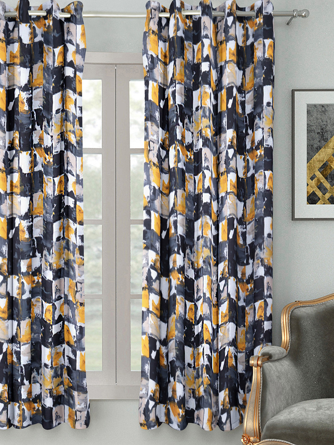 HOUZZCODE Black & Mustard Yellow Single Room Darkening Window Curtain