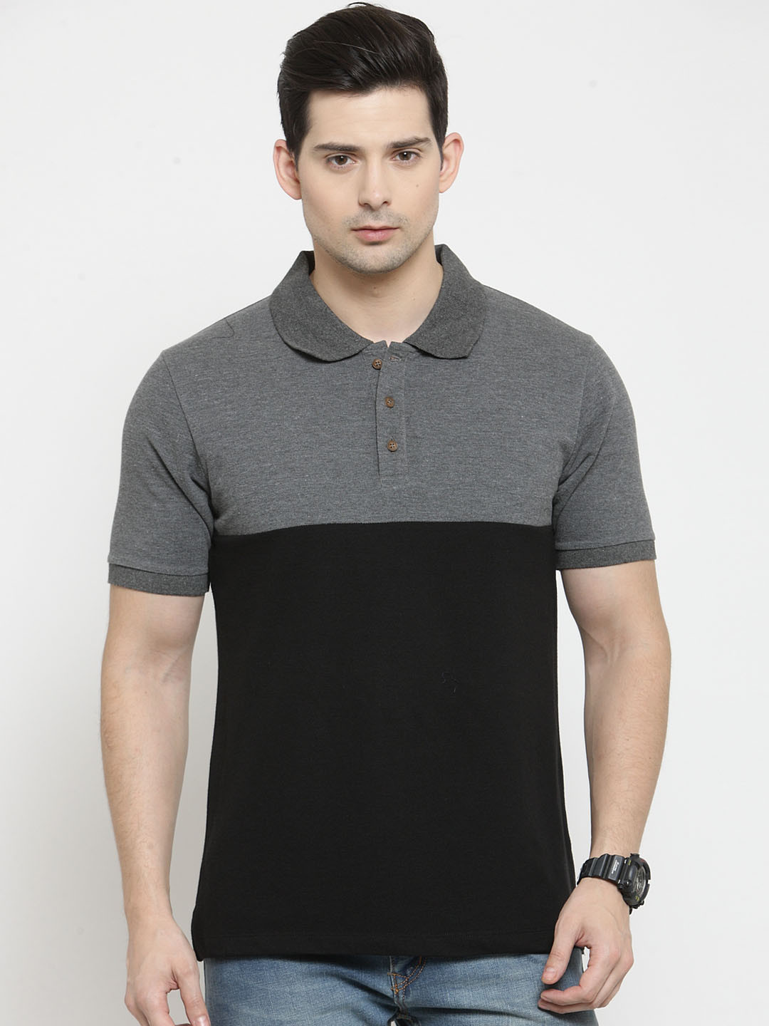 Kalt Men Grey & Black Colourblocked Polo Collar T-shirt