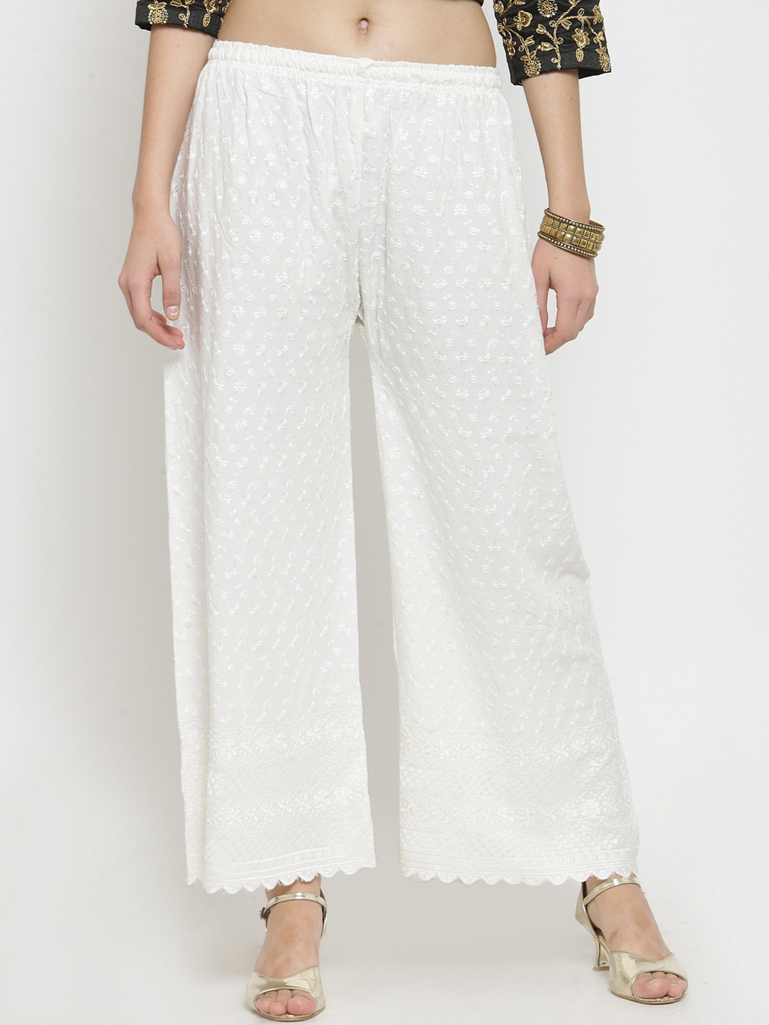 Clora Creation Women Off-White Chikankari Embroidered Straight Palazzos