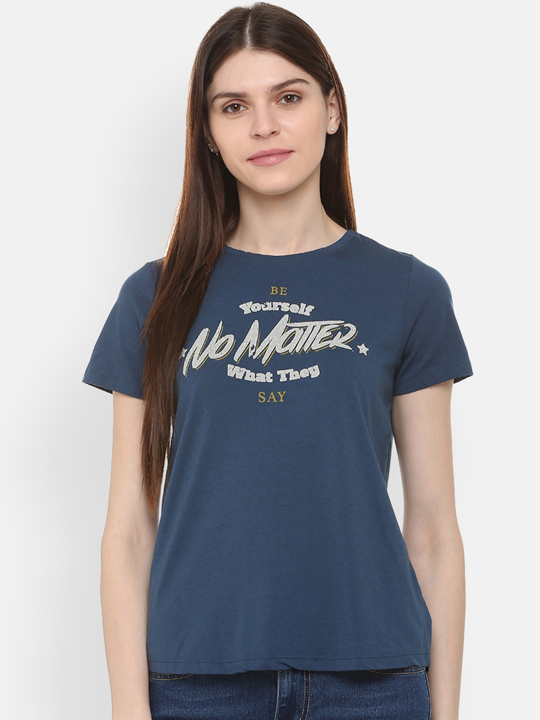 People Women Blue Printed Round Neck T shirt