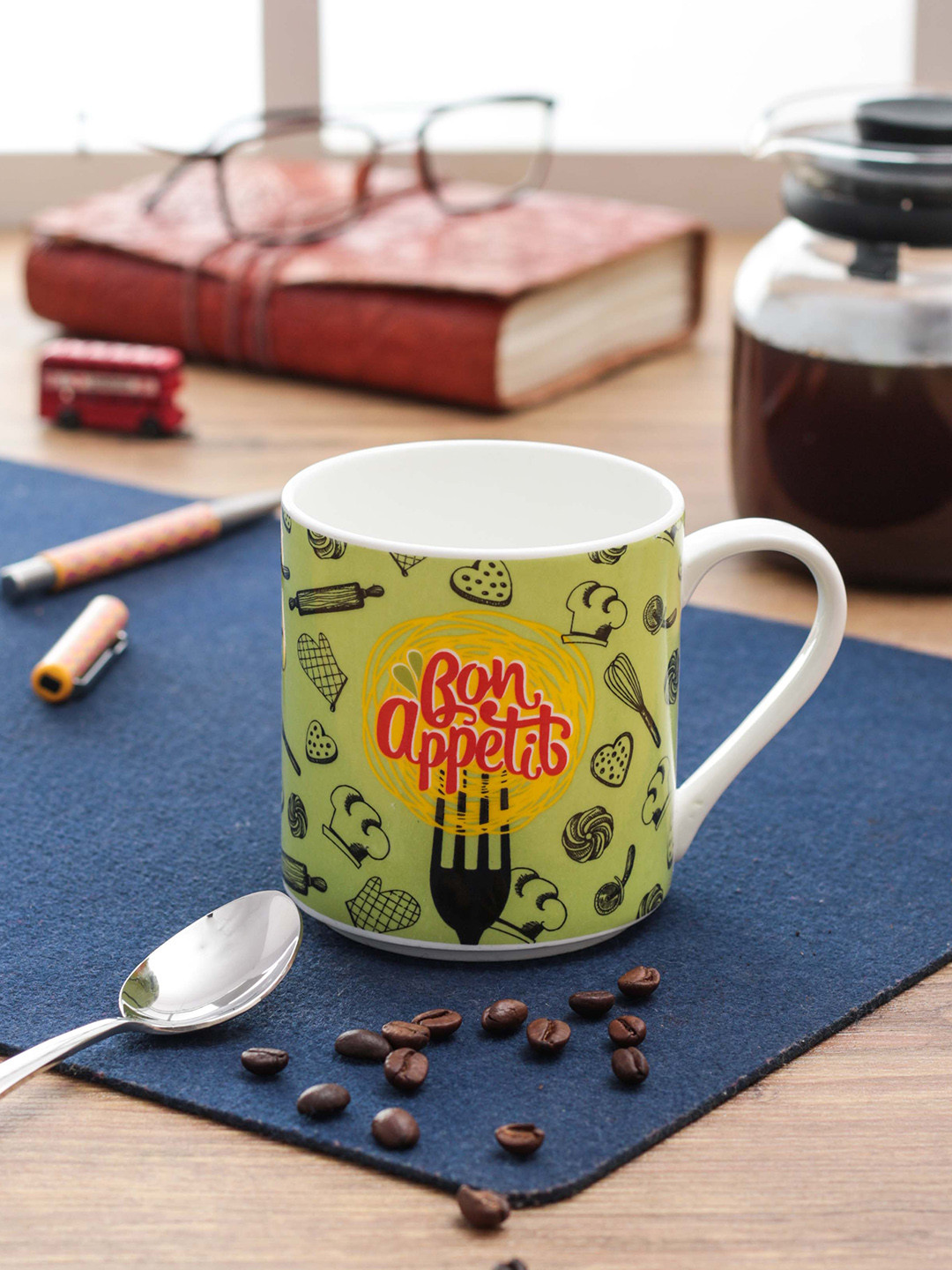 CLAY CRAFT Lime Green Typography Bone China Microwave Safe 4 Piece Mugs-250ml