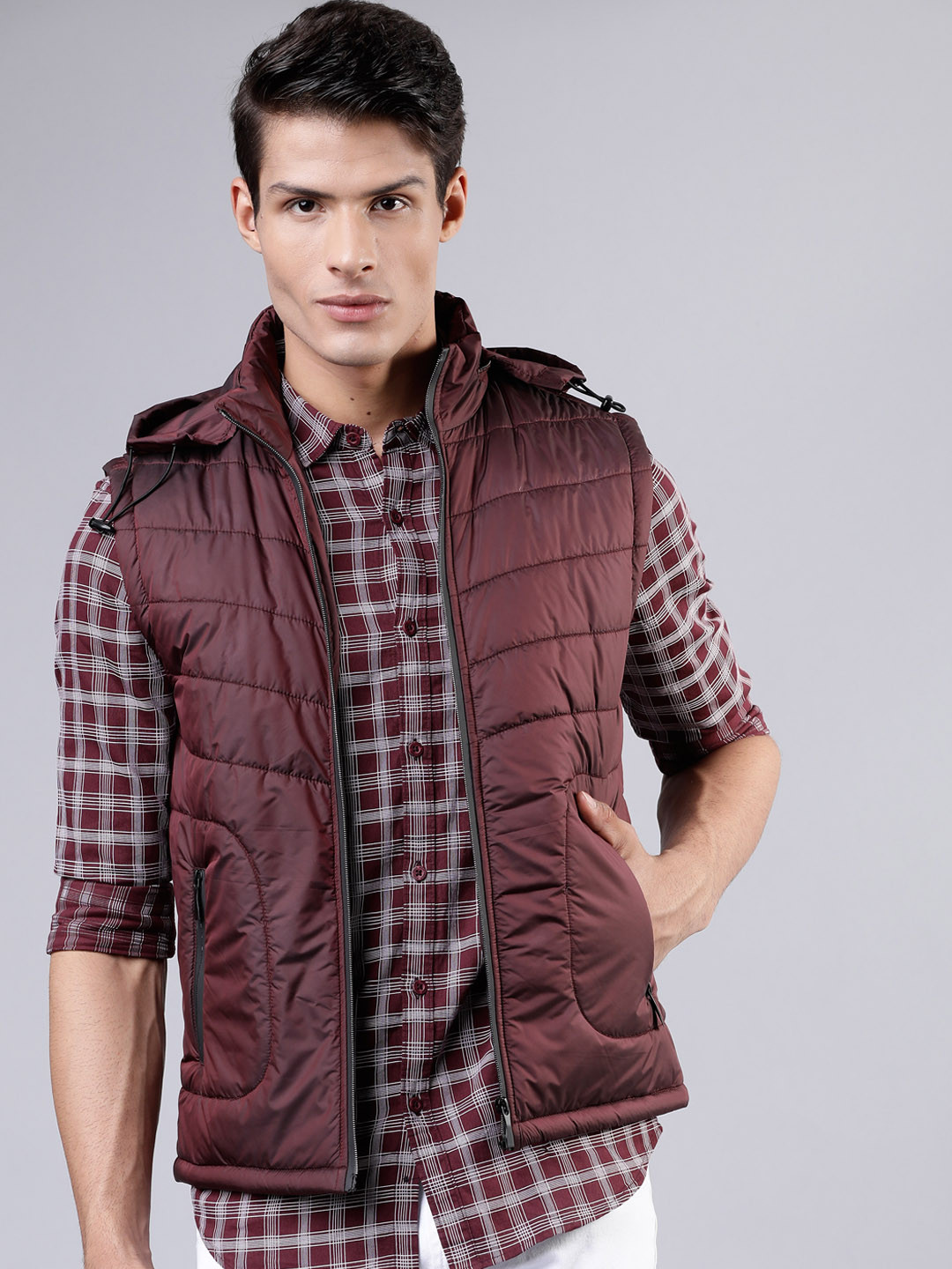 HIGHLANDER Men Burgundy Solid  Hooded Padded Jacket