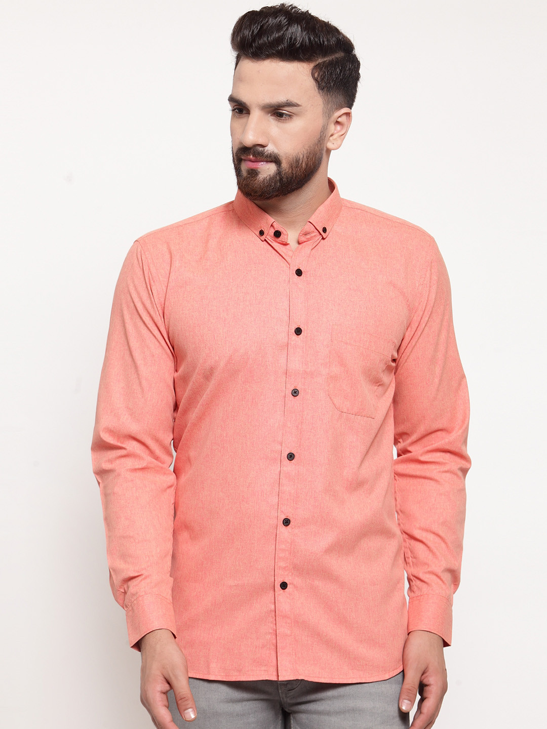 JAINISH Men Peach-Coloured Classic Slim Fit Solid Casual Shirt