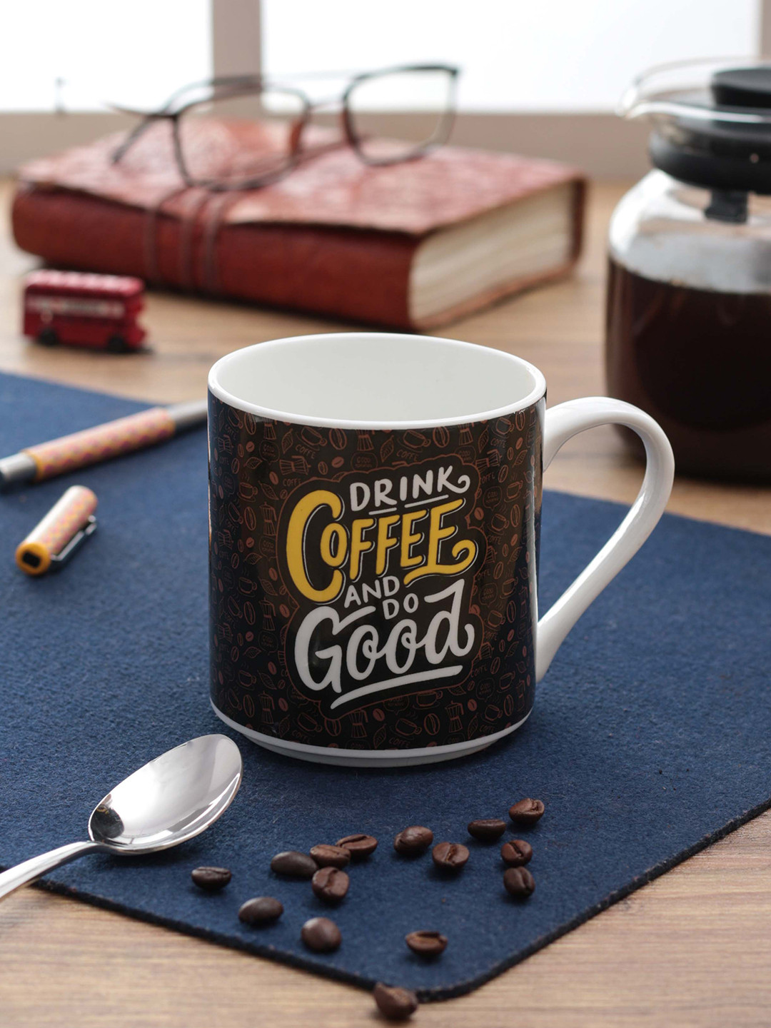 CLAY CRAFT Leaf Brown Typography Bone China Handmade 4 Piece Mugs-250ml